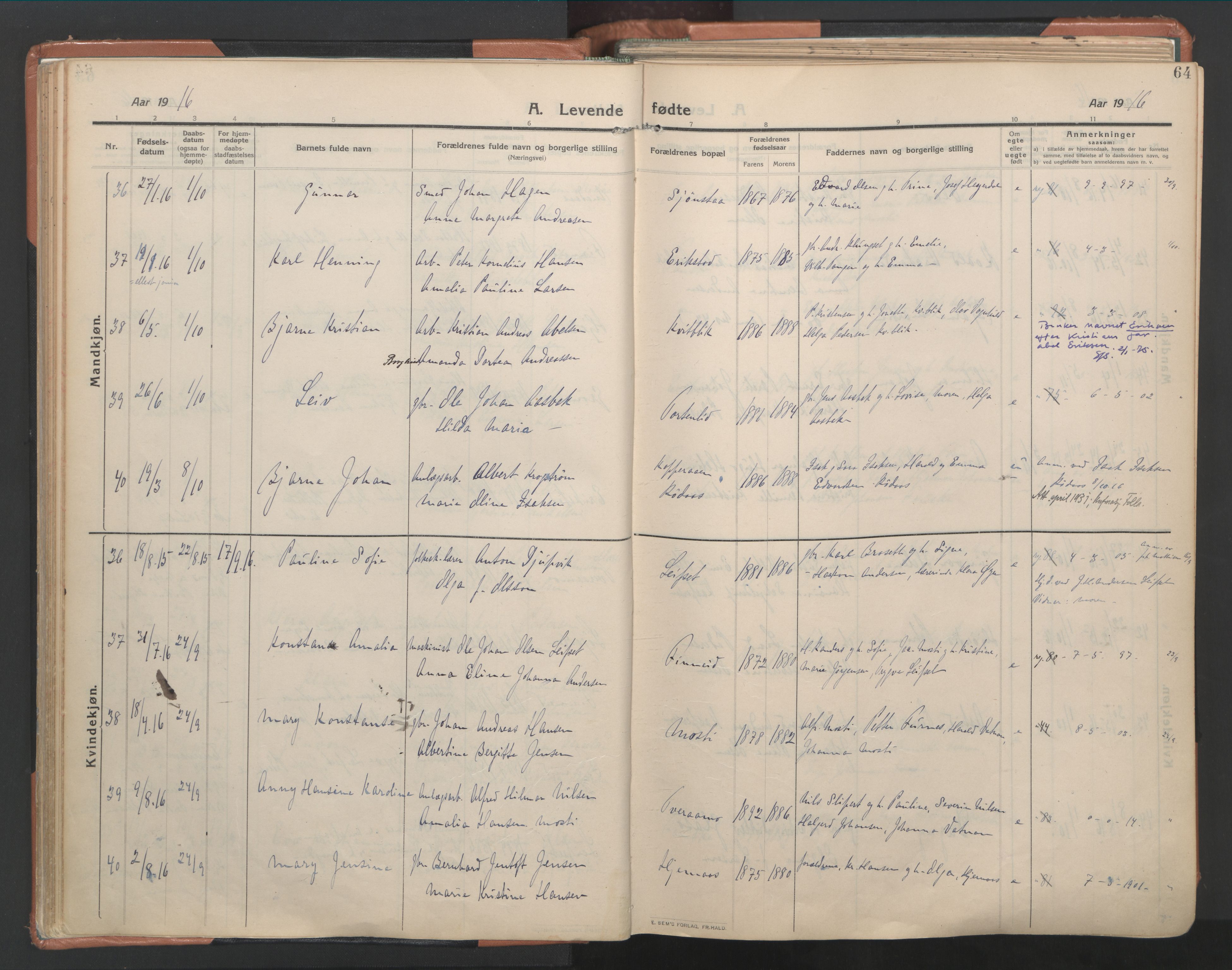 Ministerialprotokoller, klokkerbøker og fødselsregistre - Nordland, SAT/A-1459/849/L0698: Parish register (official) no. 849A09, 1911-1924, p. 64