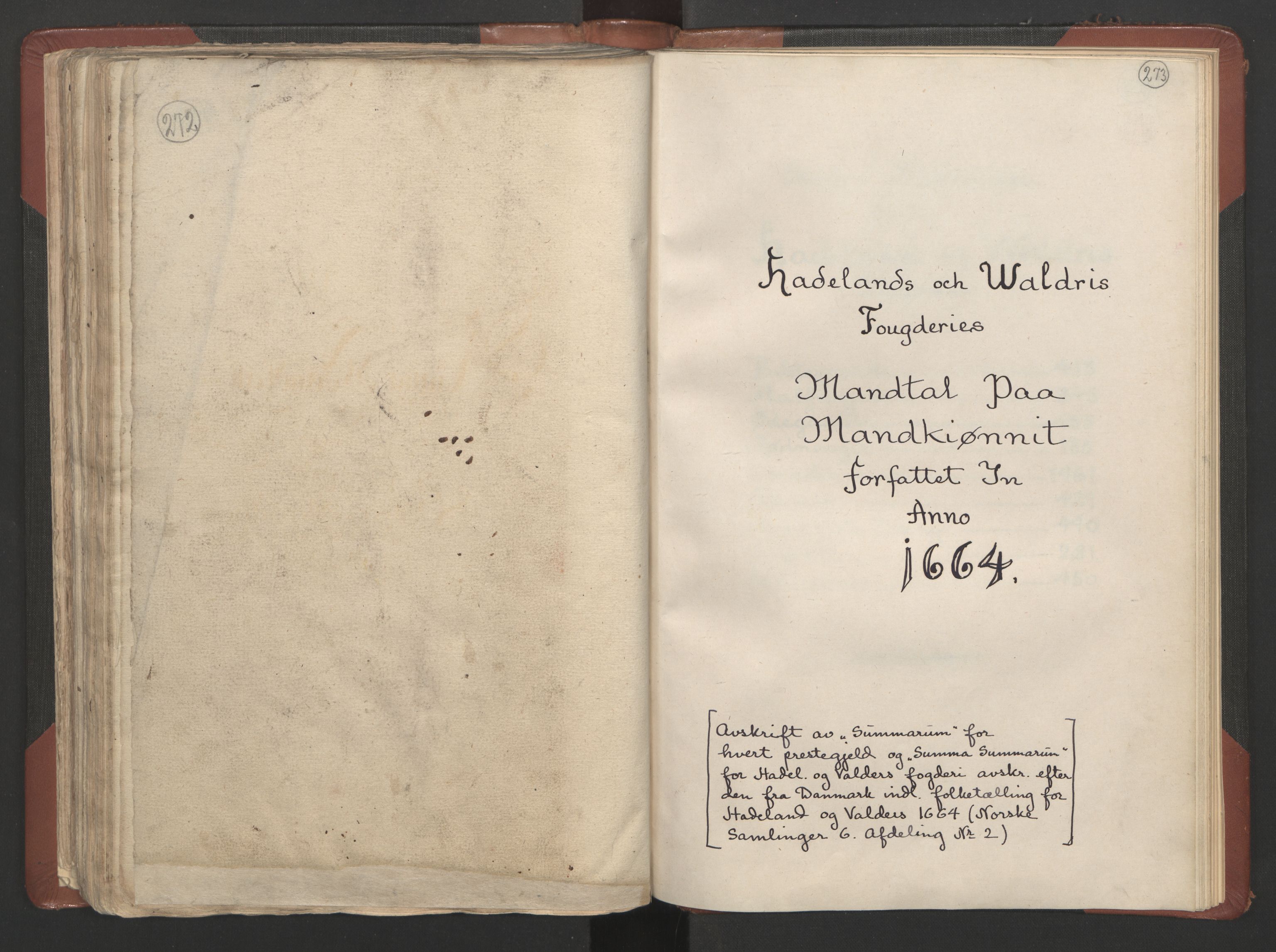 RA, Bailiff's Census 1664-1666, no. 4: Hadeland and Valdres fogderi and Gudbrandsdal fogderi, 1664, p. 272-273