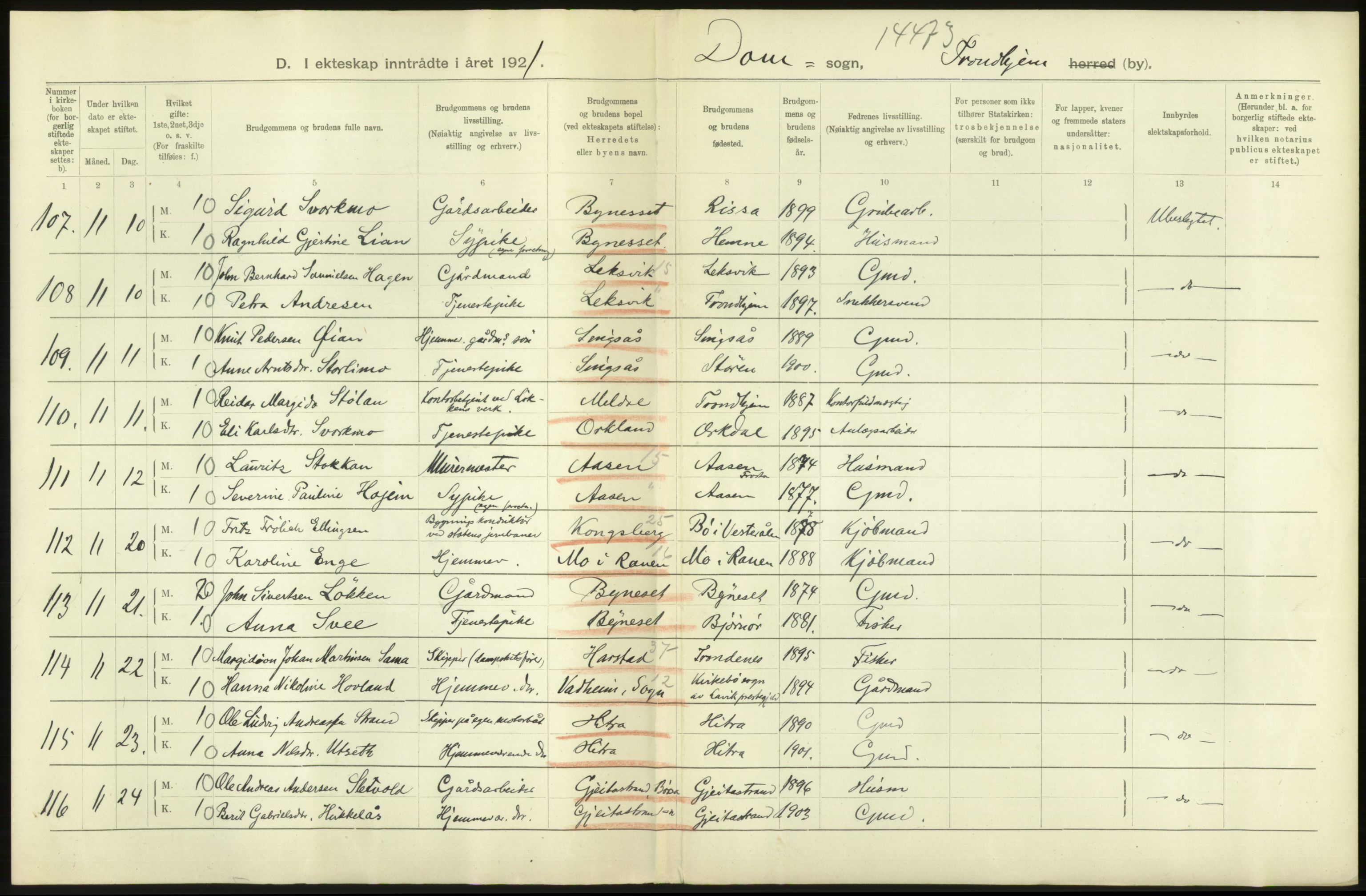 Statistisk sentralbyrå, Sosiodemografiske emner, Befolkning, AV/RA-S-2228/D/Df/Dfc/Dfca/L0045: Trondheim: Levendefødte menn og kvinner, gifte., 1921, p. 10