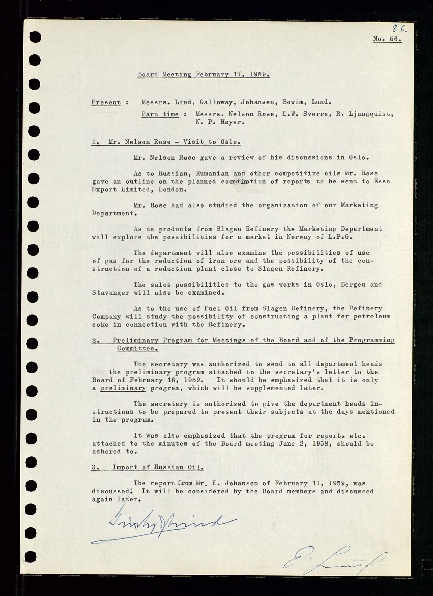 Pa 0982 - Esso Norge A/S, AV/SAST-A-100448/A/Aa/L0001/0001: Den administrerende direksjon Board minutes (styrereferater) / Den administrerende direksjon Board minutes (styrereferater), 1958-1959, p. 86