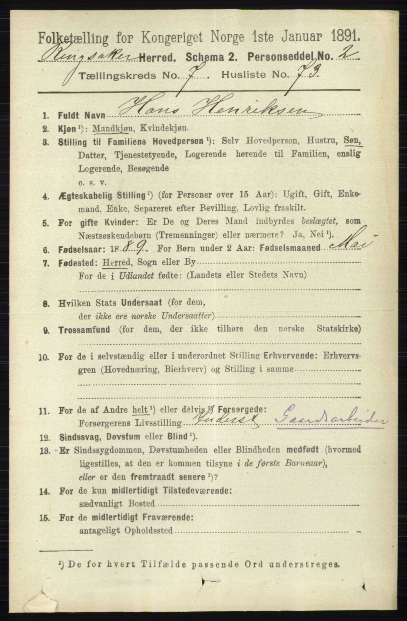 RA, 1891 census for 0412 Ringsaker, 1891, p. 4373