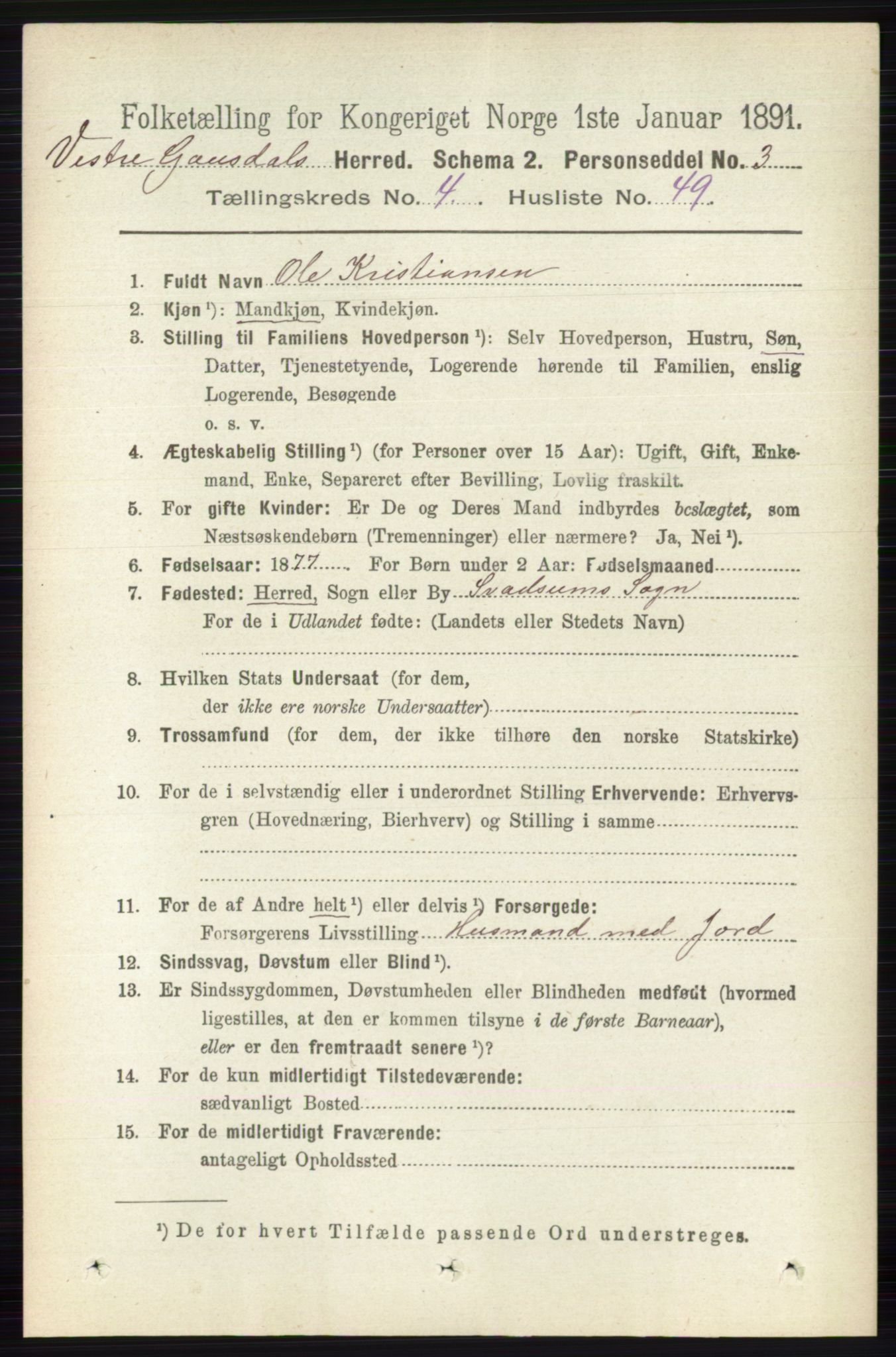 RA, 1891 census for 0523 Vestre Gausdal, 1891, p. 1982