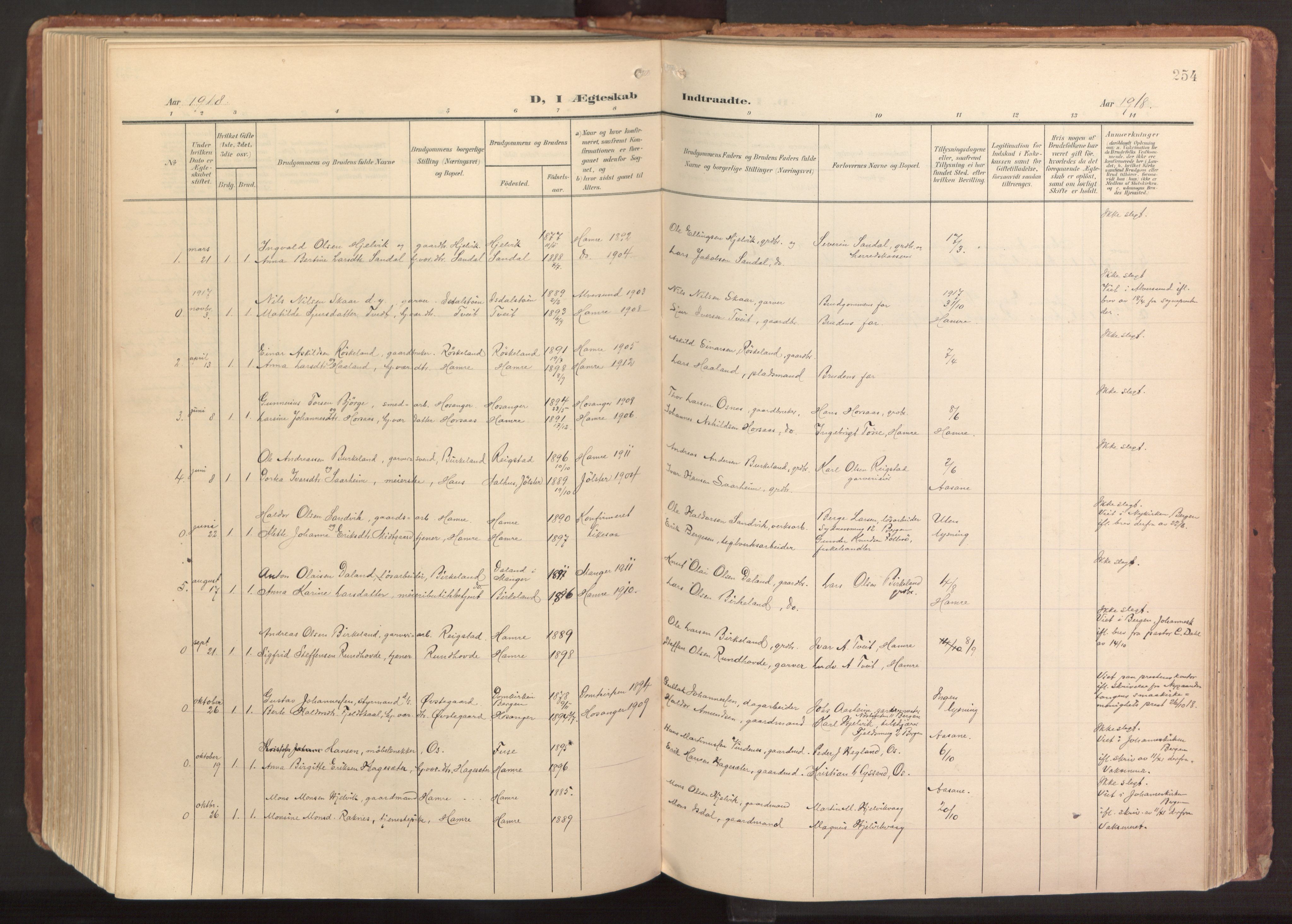 Hamre sokneprestembete, AV/SAB-A-75501/H/Ha/Haa/Haab/L0002: Parish register (official) no. B 2, 1905-1924, p. 254