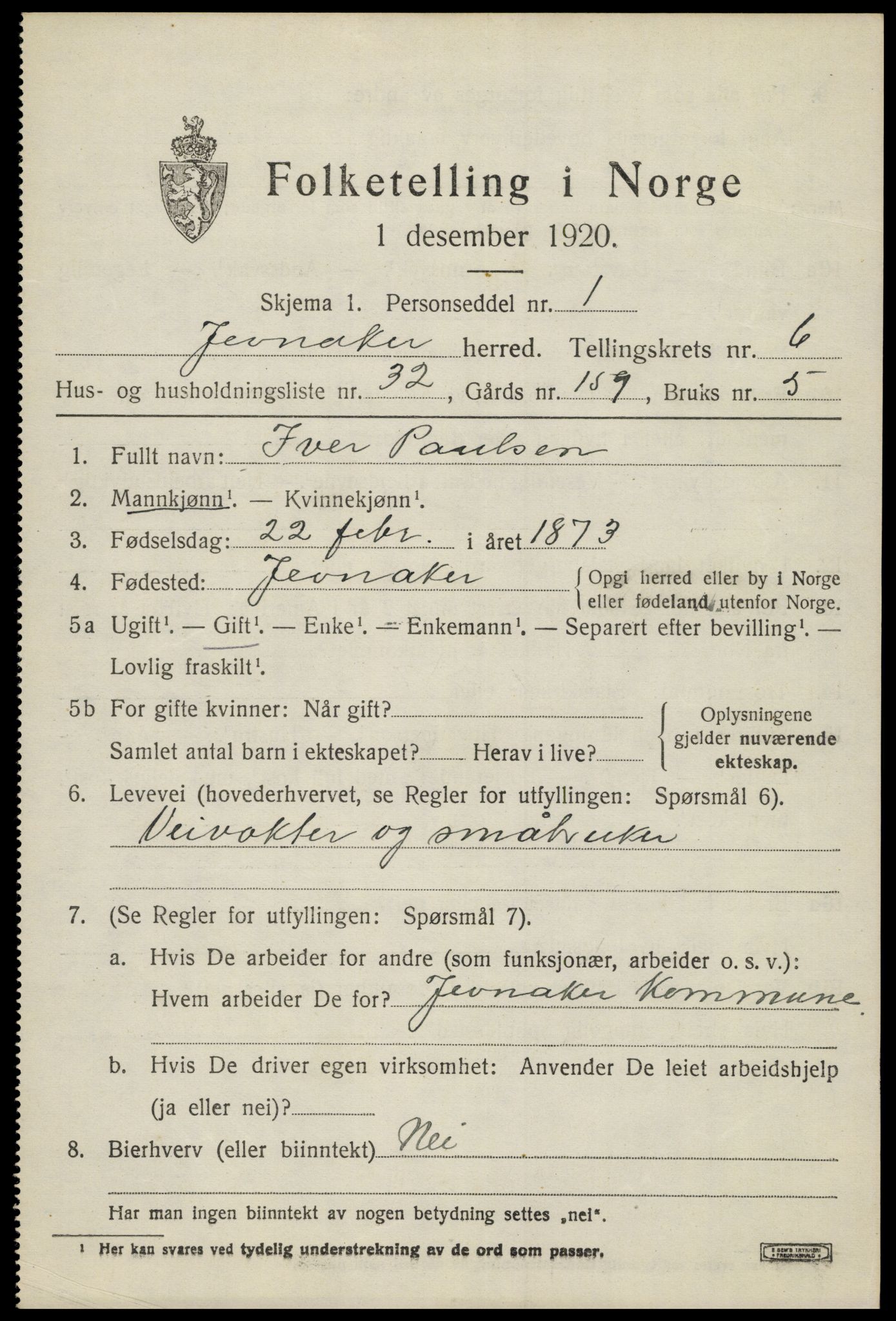 SAH, 1920 census for Jevnaker, 1920, p. 9169