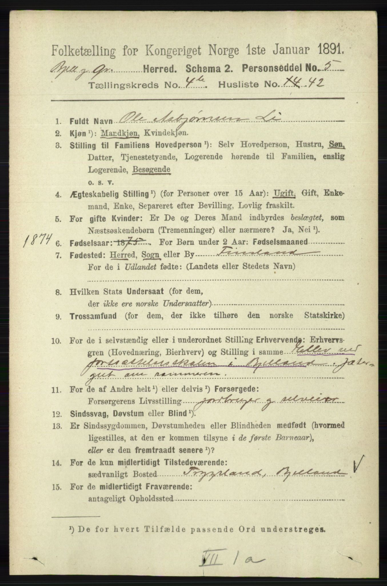RA, 1891 census for 1024 Bjelland og Grindheim, 1891, p. 2349