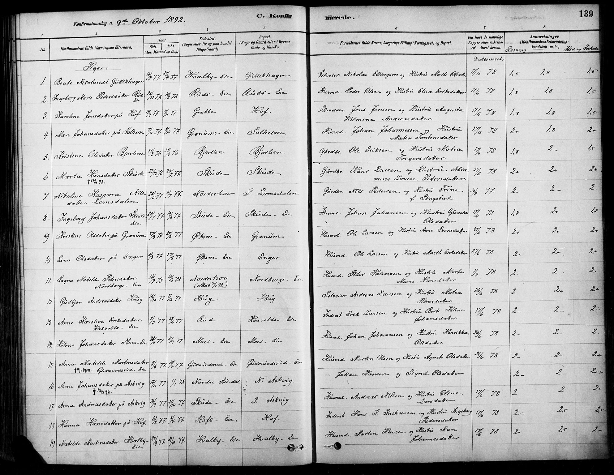 Søndre Land prestekontor, AV/SAH-PREST-122/K/L0003: Parish register (official) no. 3, 1878-1894, p. 139