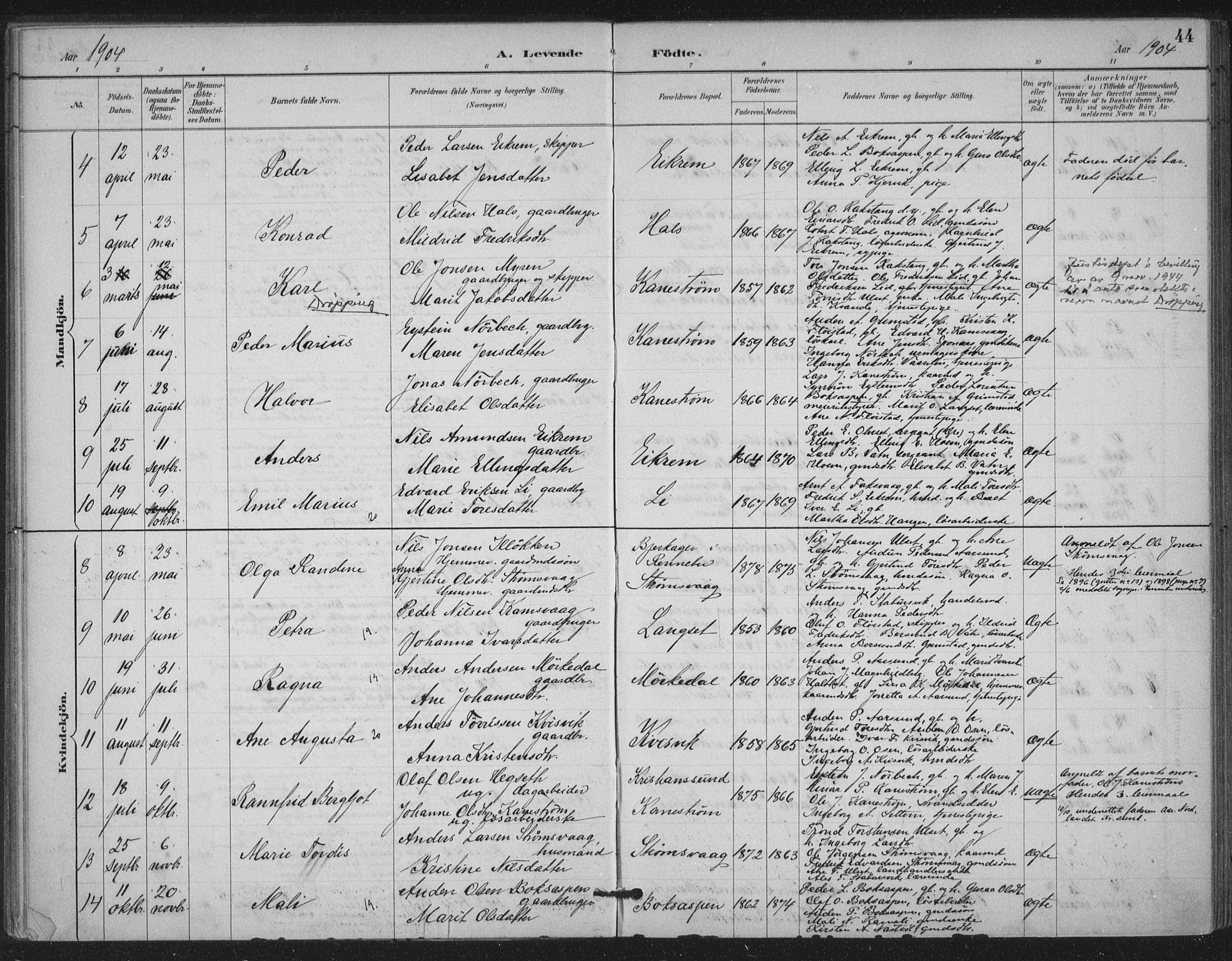 Ministerialprotokoller, klokkerbøker og fødselsregistre - Møre og Romsdal, AV/SAT-A-1454/587/L1000: Parish register (official) no. 587A02, 1887-1910, p. 44