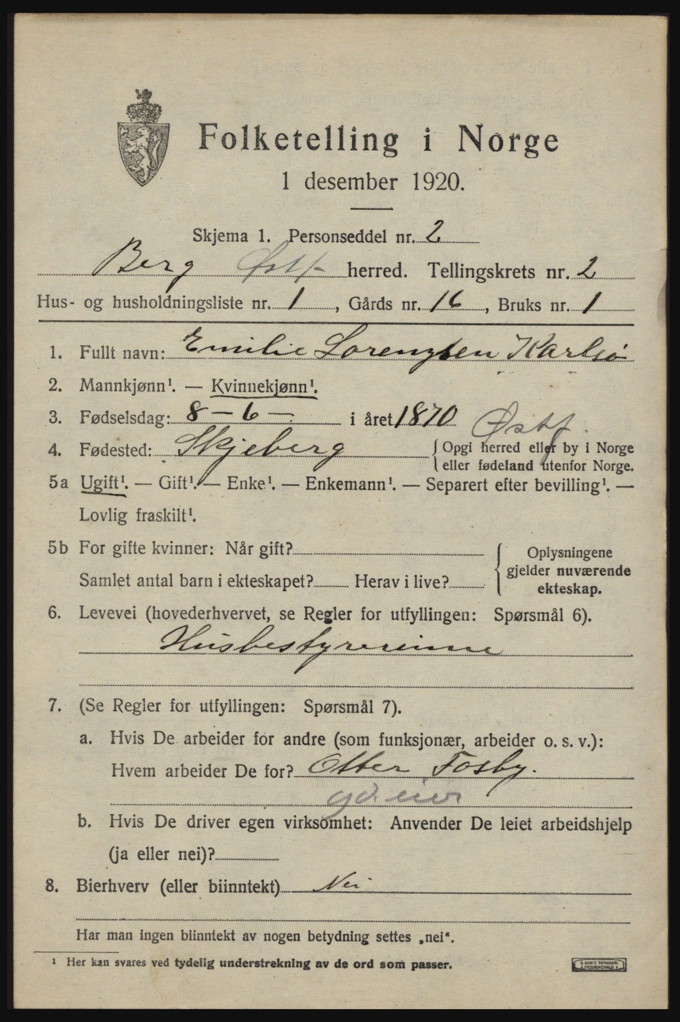 SAO, 1920 census for Berg, 1920, p. 3543