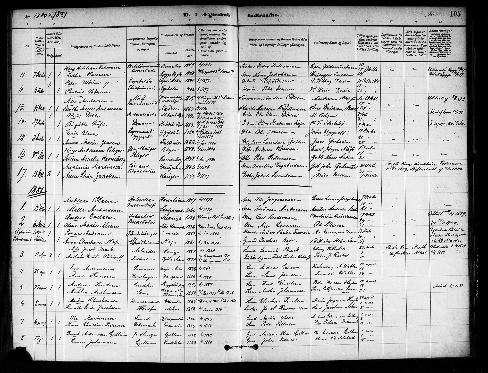 Asker prestekontor Kirkebøker, SAO/A-10256a/F/Fa/L0014: Parish register (official) no. I 14, 1879-1900, p. 105