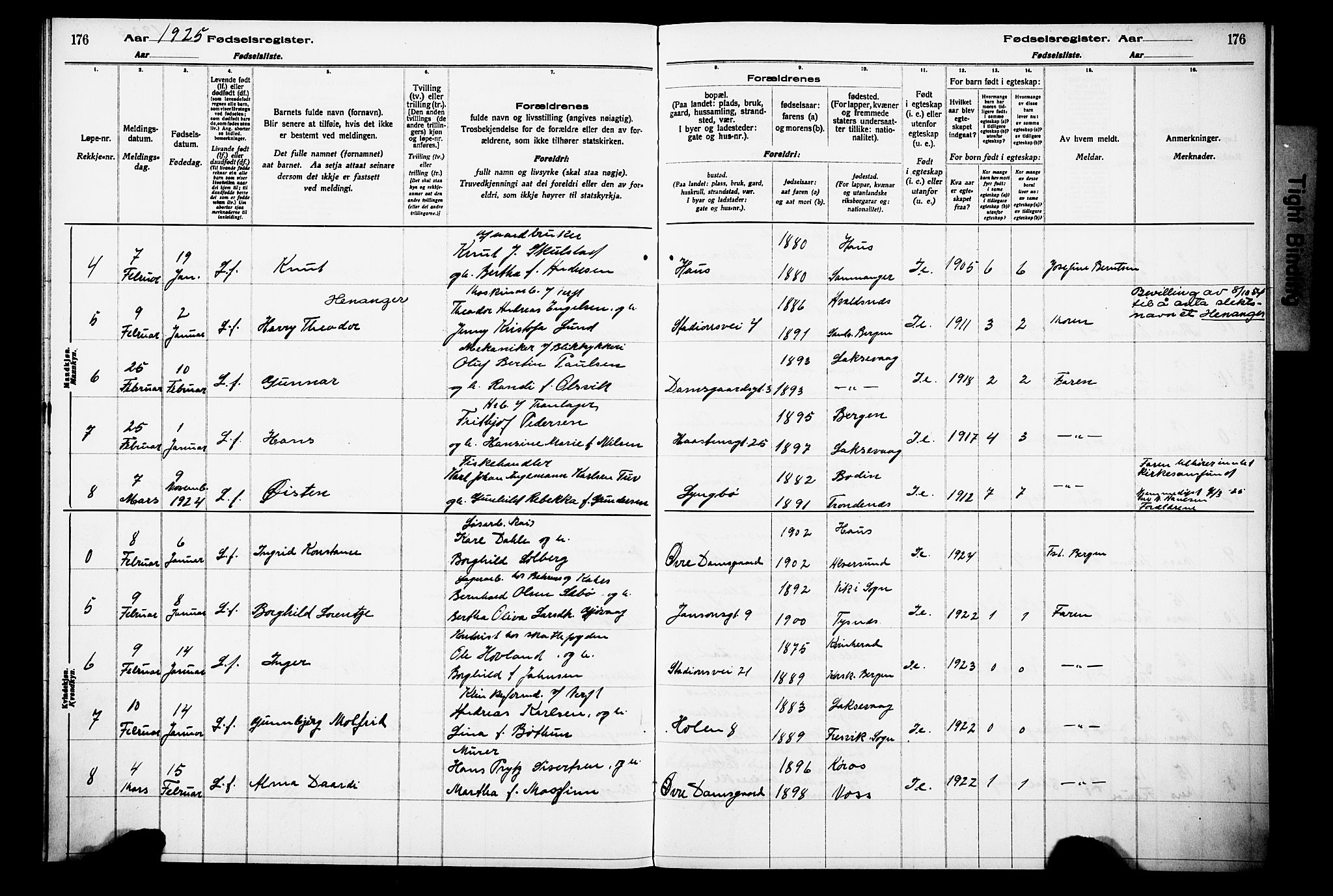 Laksevåg Sokneprestembete, SAB/A-76501/I/Id/L00A1: Birth register no. A 1, 1916-1926, p. 176