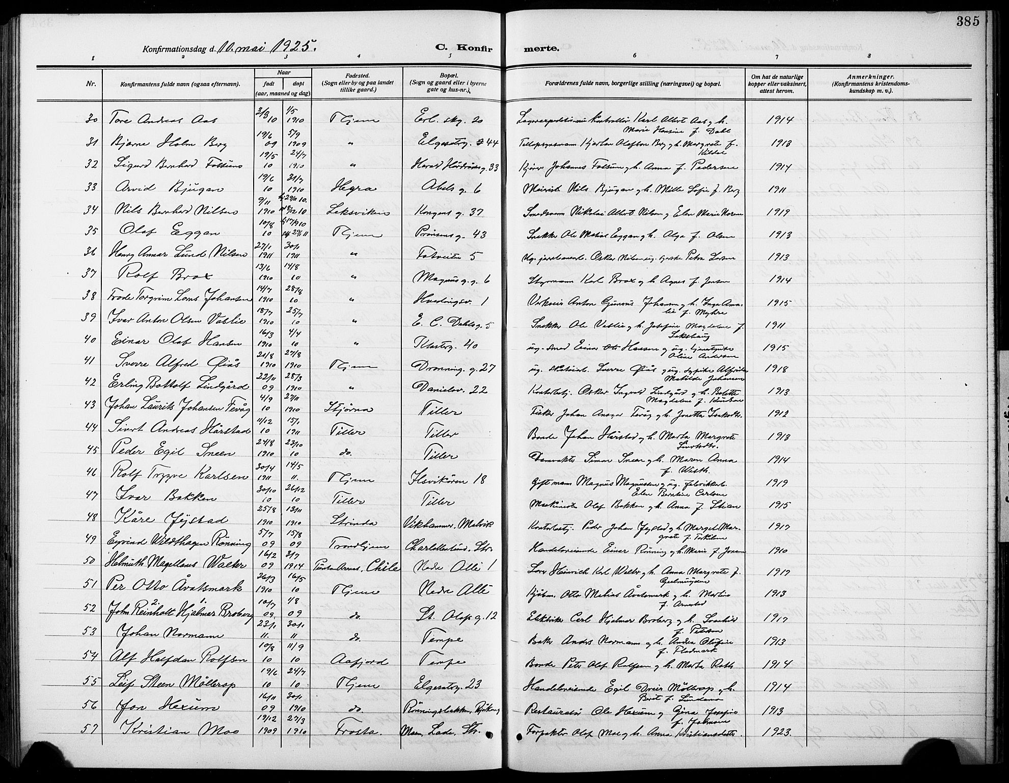 Ministerialprotokoller, klokkerbøker og fødselsregistre - Sør-Trøndelag, SAT/A-1456/601/L0096: Parish register (copy) no. 601C14, 1911-1931, p. 385