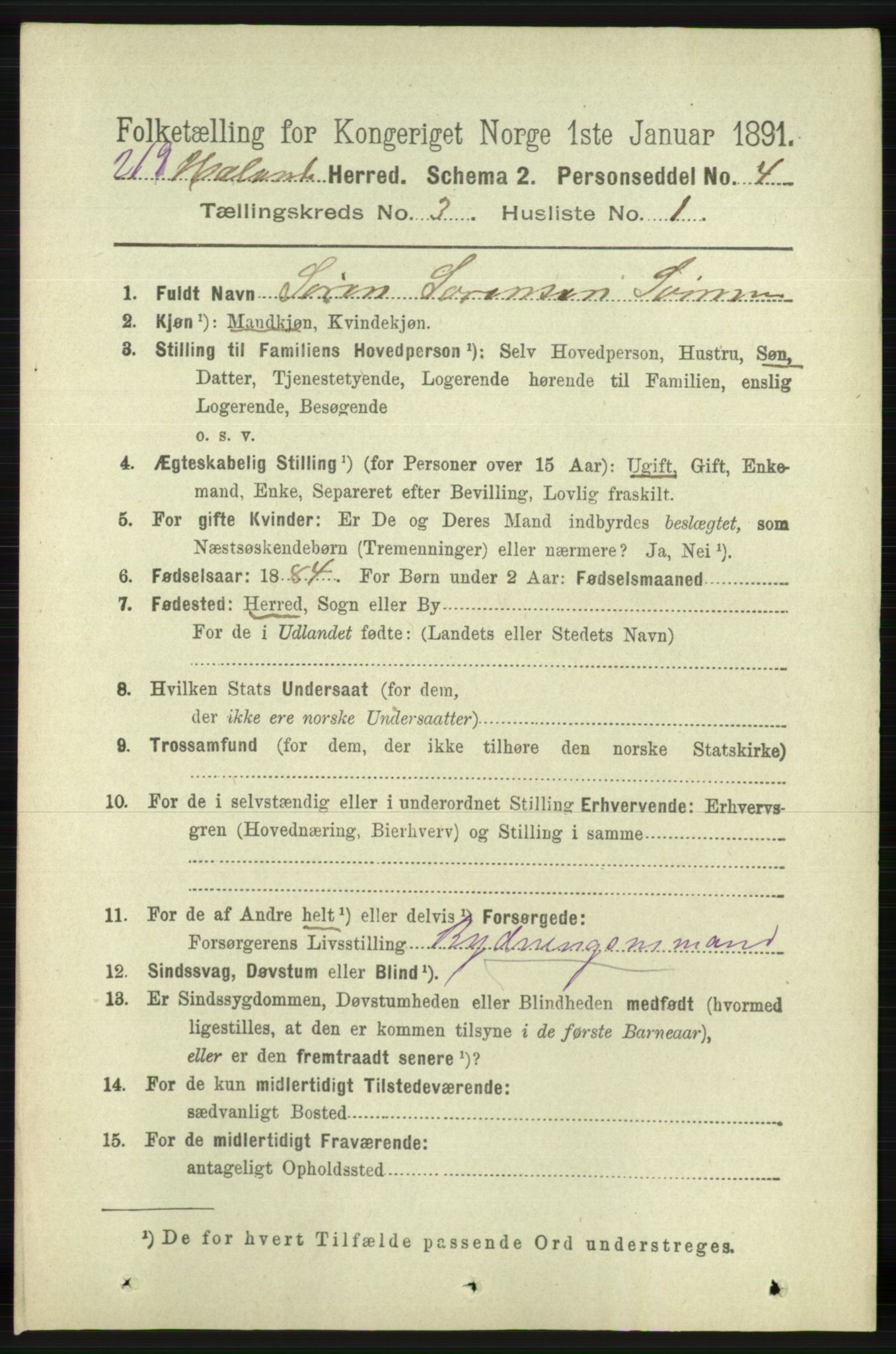 RA, 1891 census for 1124 Haaland, 1891, p. 1708