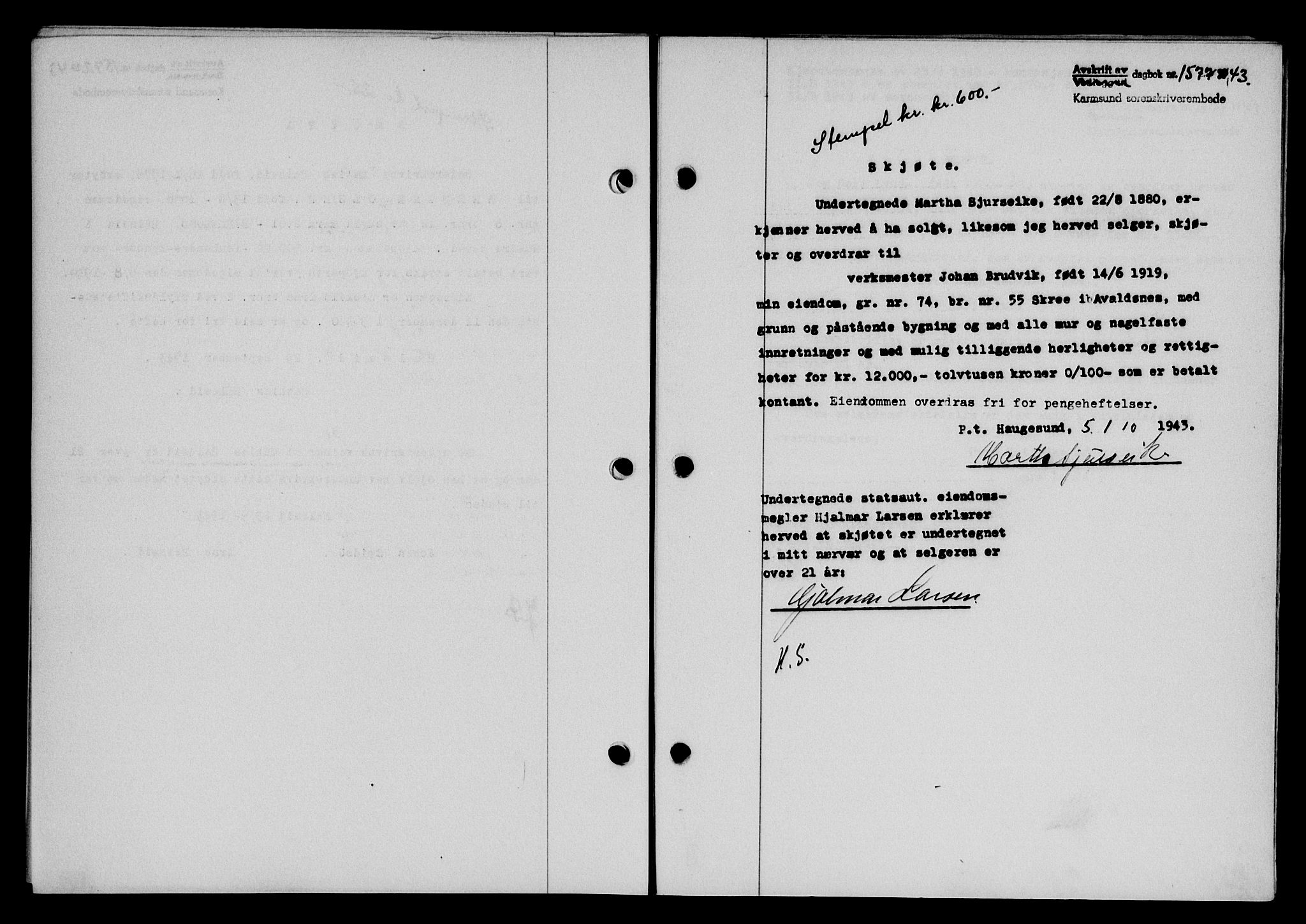Karmsund sorenskriveri, SAST/A-100311/01/II/IIB/L0080: Mortgage book no. 61A, 1943-1943, Diary no: : 1577/1943