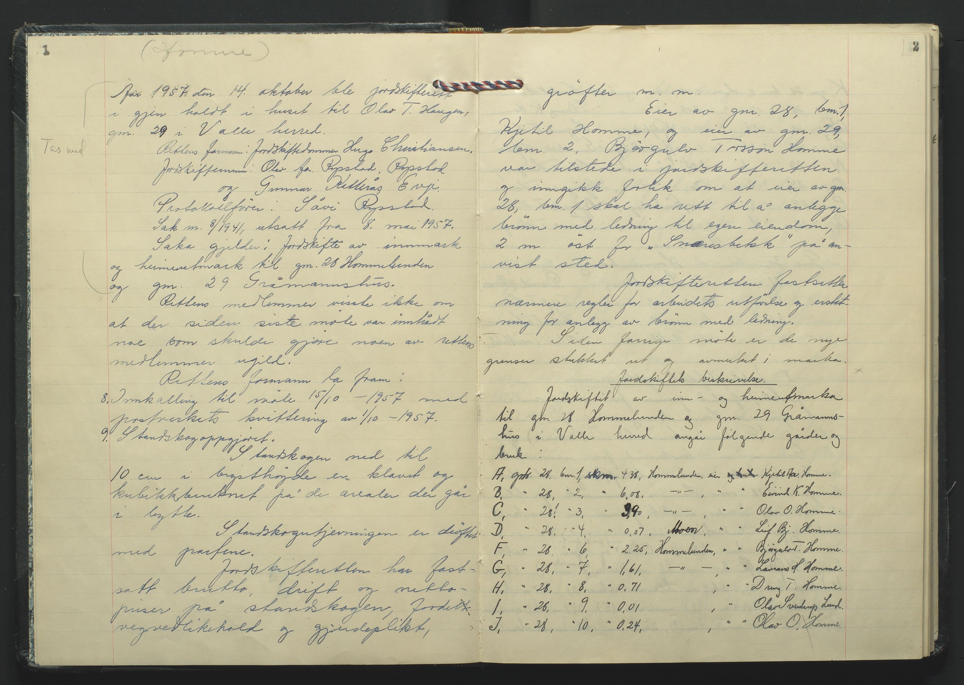 Setesdal jordskifterett, AV/SAK-1541-0008/F/Fa/Faa/L0003: Jordskifteprotokoll med gårdsregister, Setesdal domssokn nr 18 (I), 1957-1962, p. 1-2