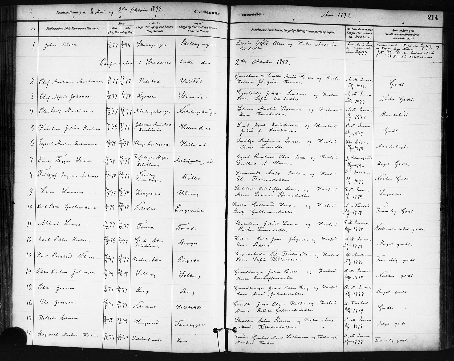 Skedsmo prestekontor Kirkebøker, SAO/A-10033a/G/Ga/L0004: Parish register (copy) no. I 4, 1883-1895, p. 214