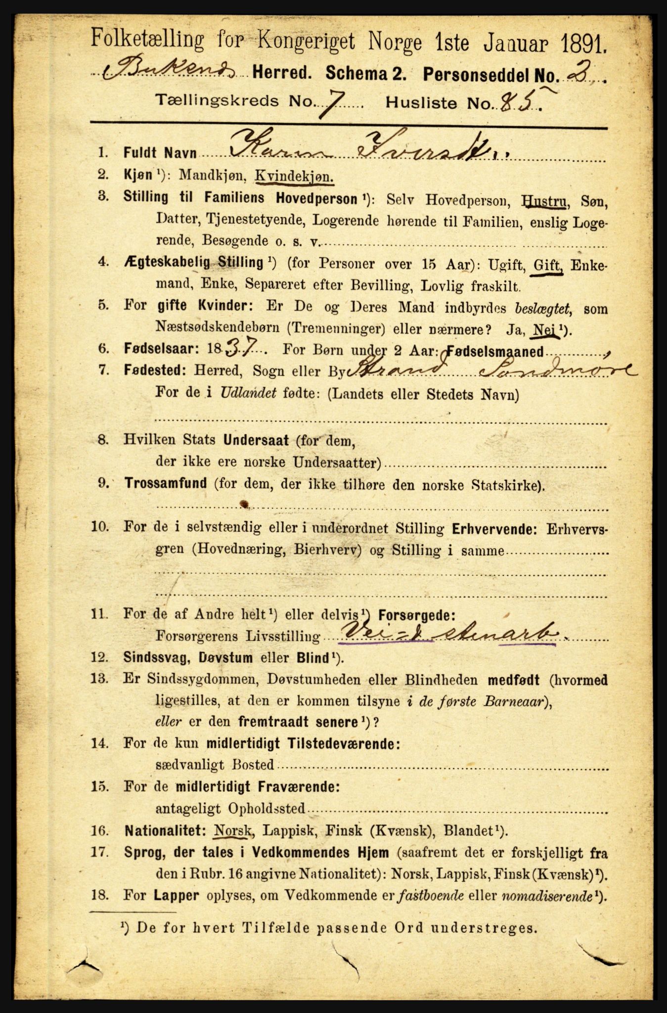 RA, 1891 census for 1860 Buksnes, 1891, p. 5555