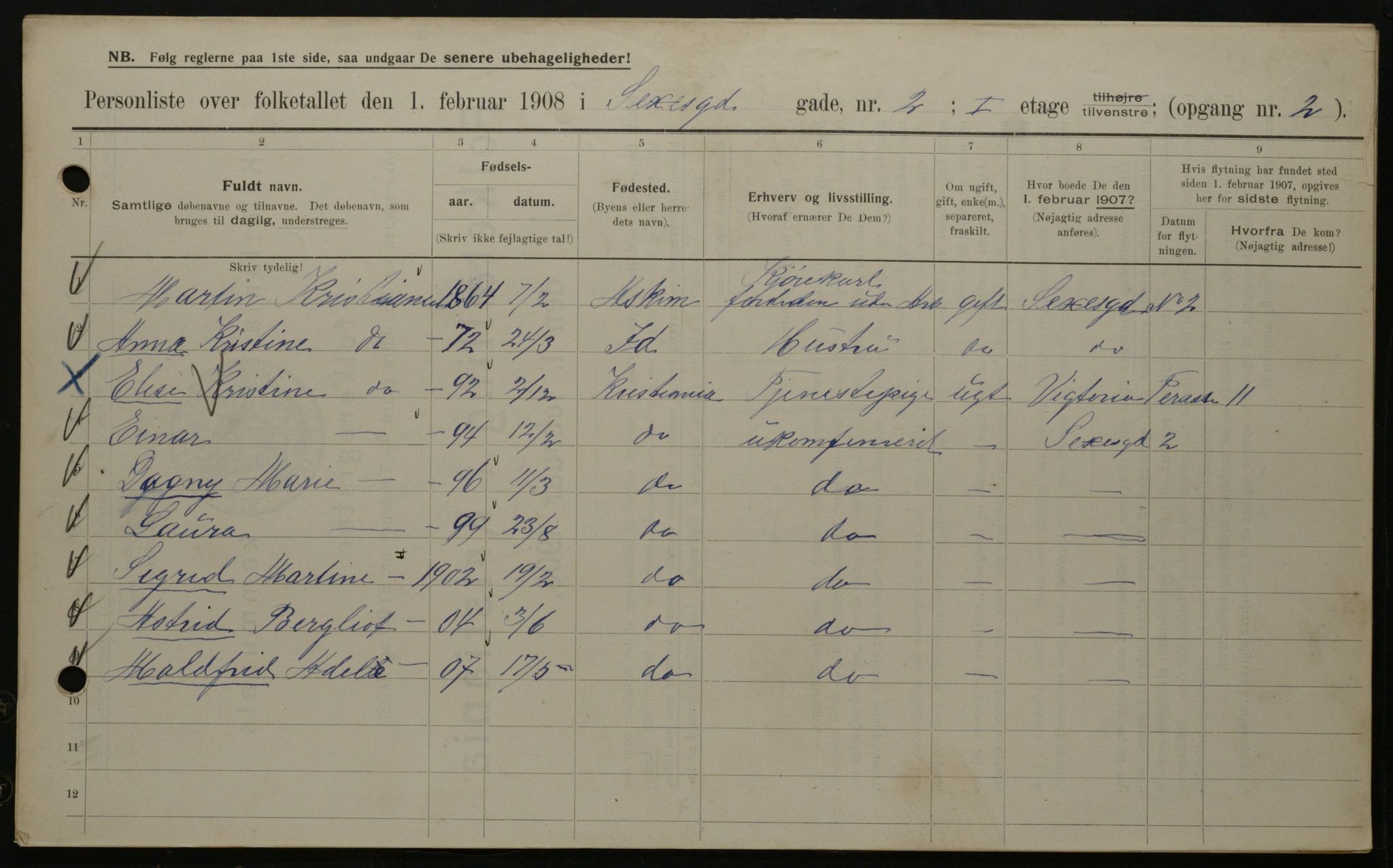 OBA, Municipal Census 1908 for Kristiania, 1908, p. 85148