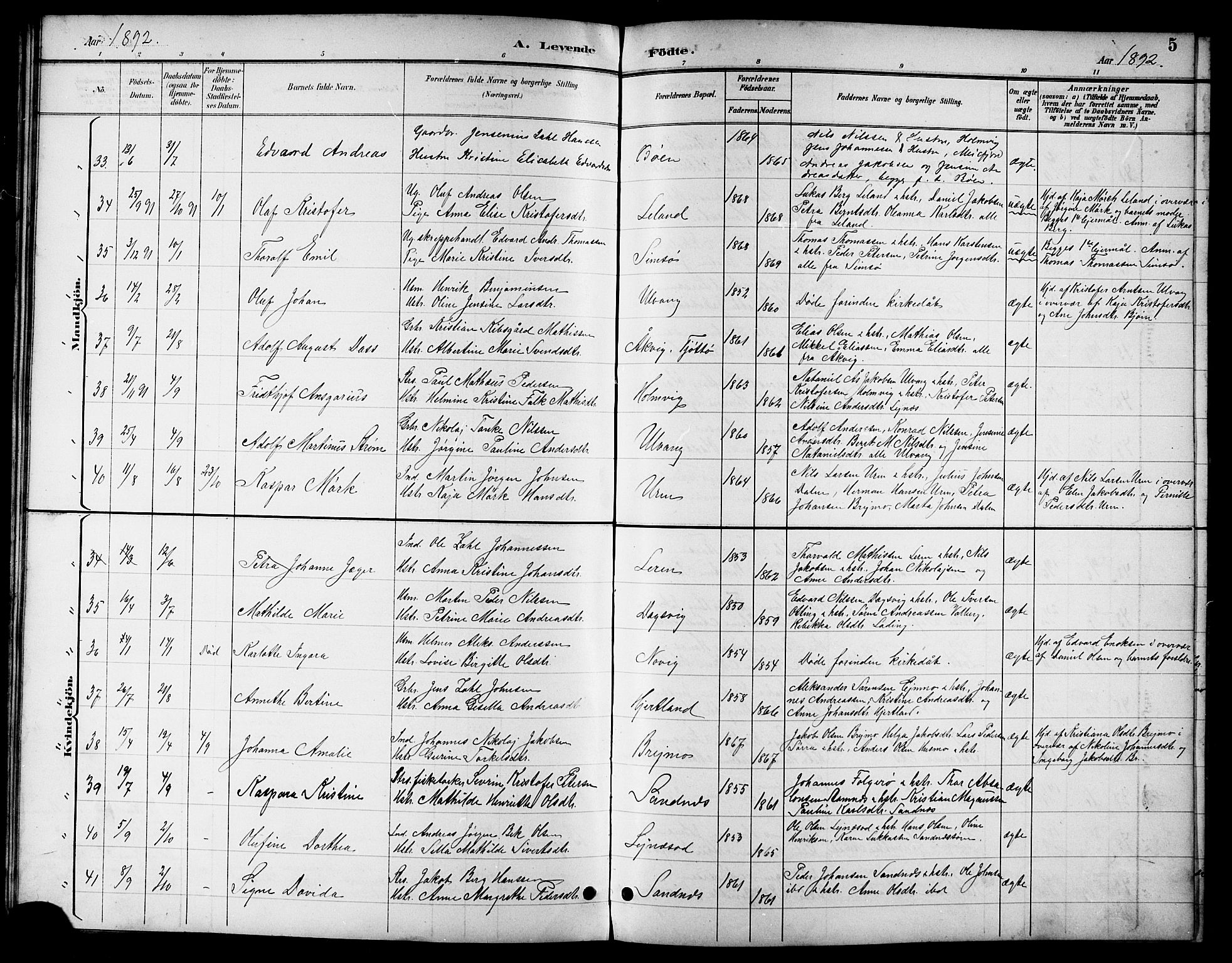 Ministerialprotokoller, klokkerbøker og fødselsregistre - Nordland, SAT/A-1459/831/L0478: Parish register (copy) no. 831C05, 1892-1909, p. 5