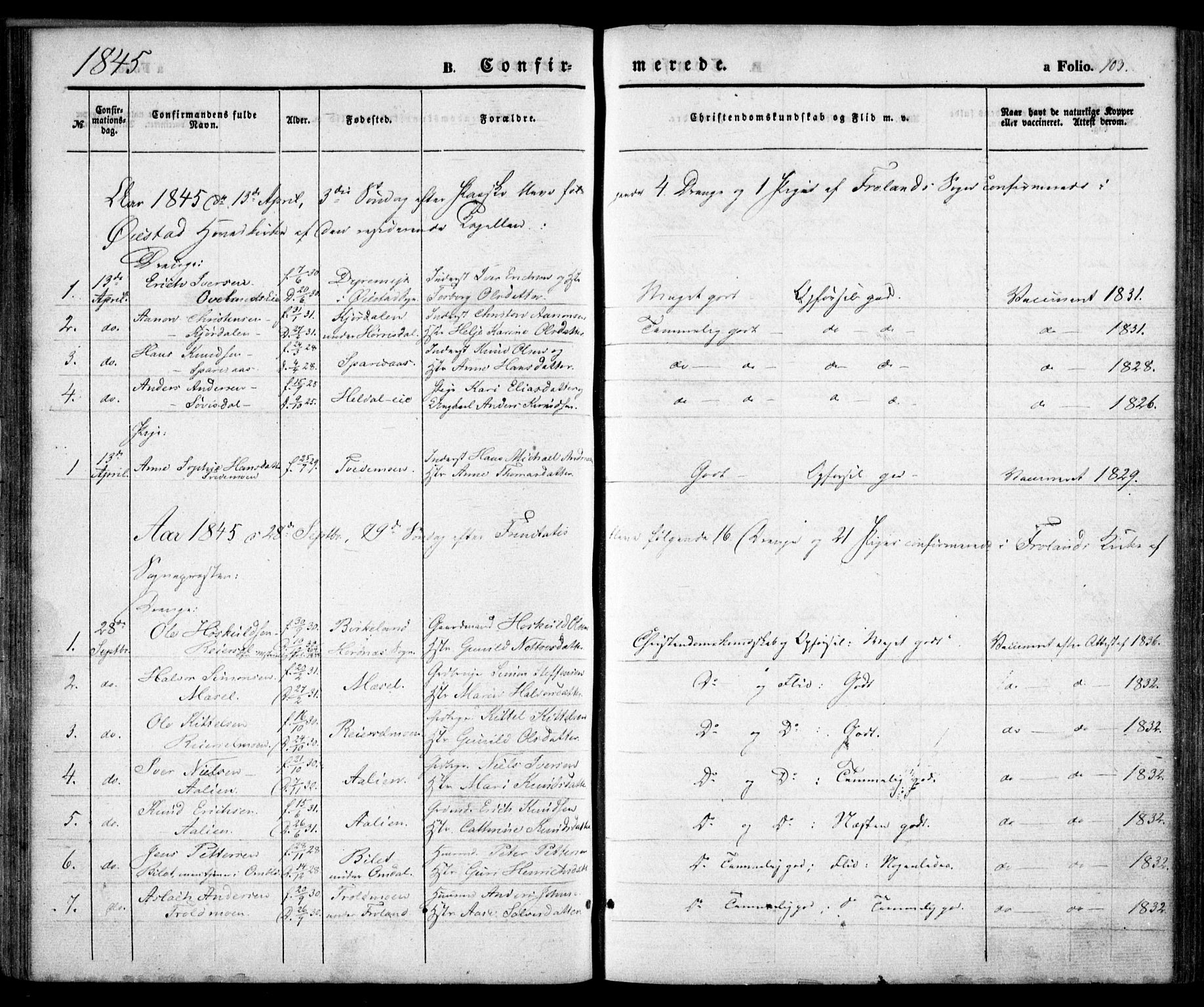 Froland sokneprestkontor, SAK/1111-0013/F/Fa/L0002: Parish register (official) no. A 2, 1845-1863, p. 103