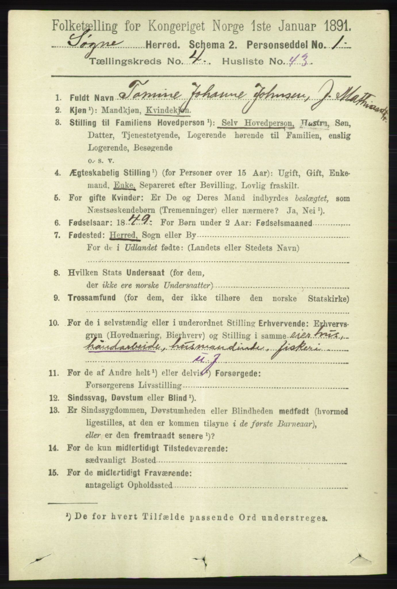 RA, 1891 census for 1018 Søgne, 1891, p. 826