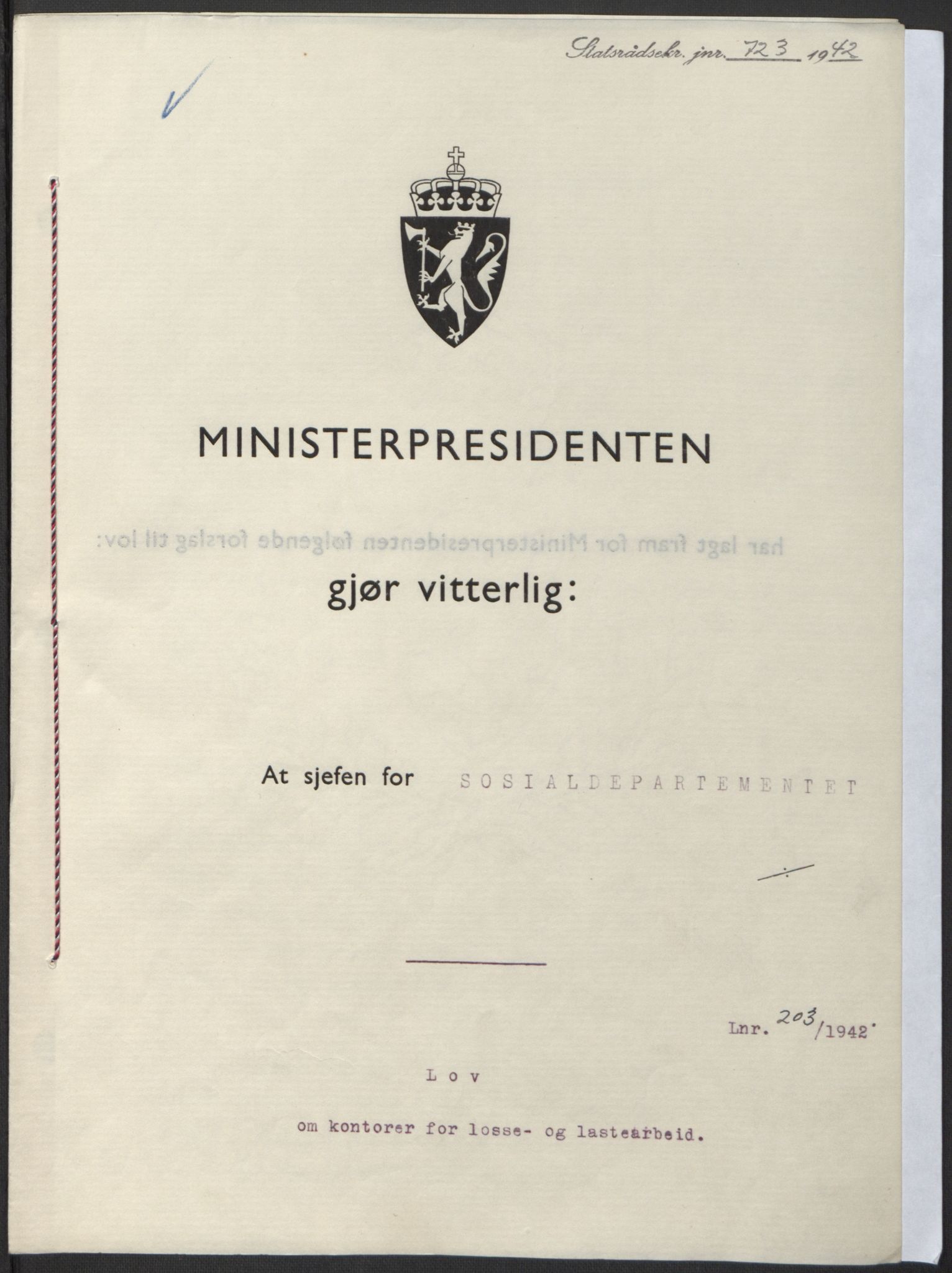 NS-administrasjonen 1940-1945 (Statsrådsekretariatet, de kommisariske statsråder mm), RA/S-4279/D/Db/L0098: Lover II, 1942, p. 434