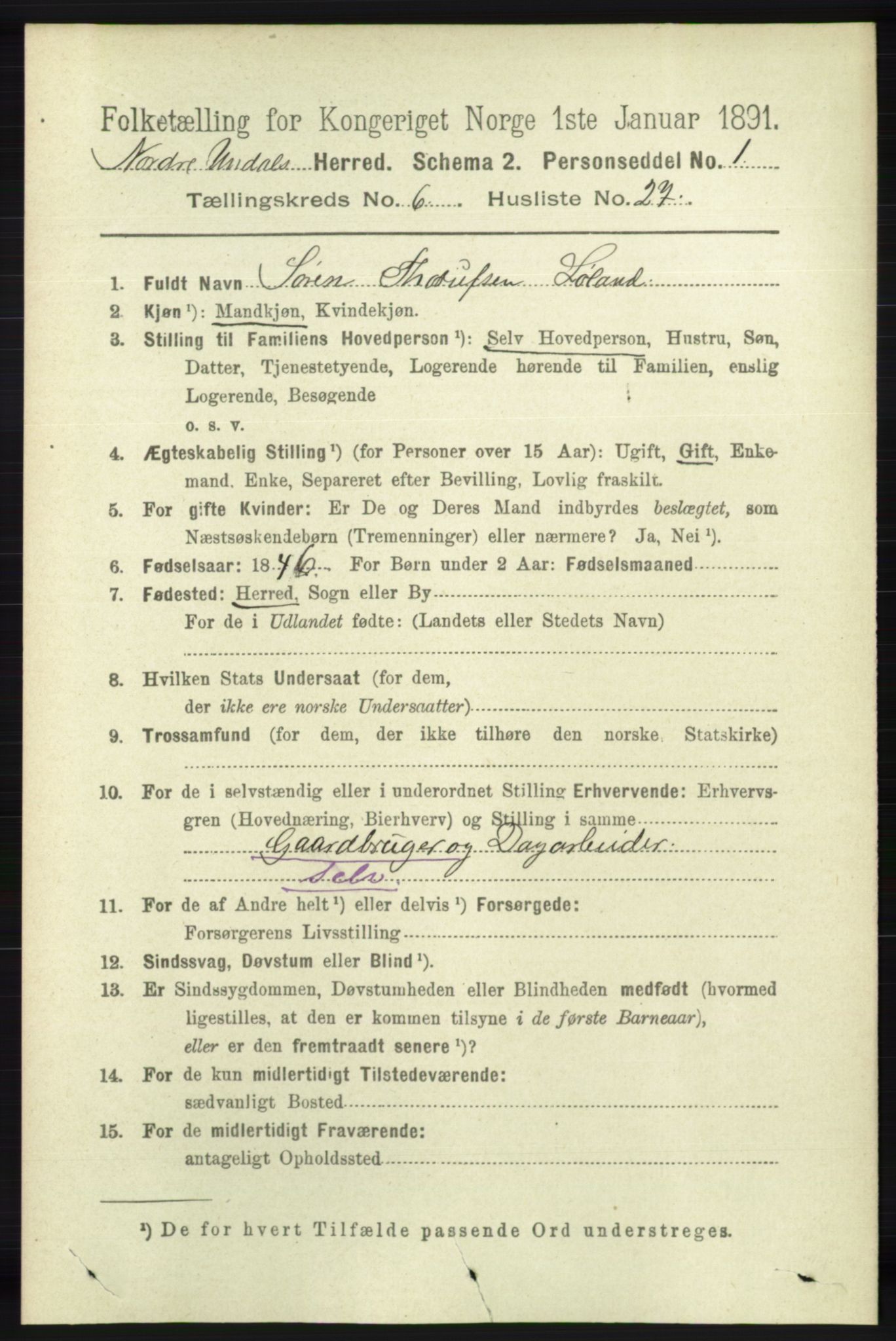 RA, 1891 census for 1028 Nord-Audnedal, 1891, p. 1662