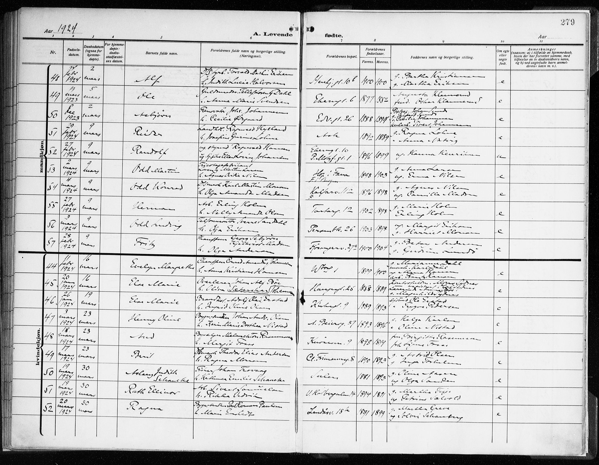 Sandviken Sokneprestembete, AV/SAB-A-77601/H/Ha/L0007: Parish register (official) no. B 4, 1912-1924, p. 279