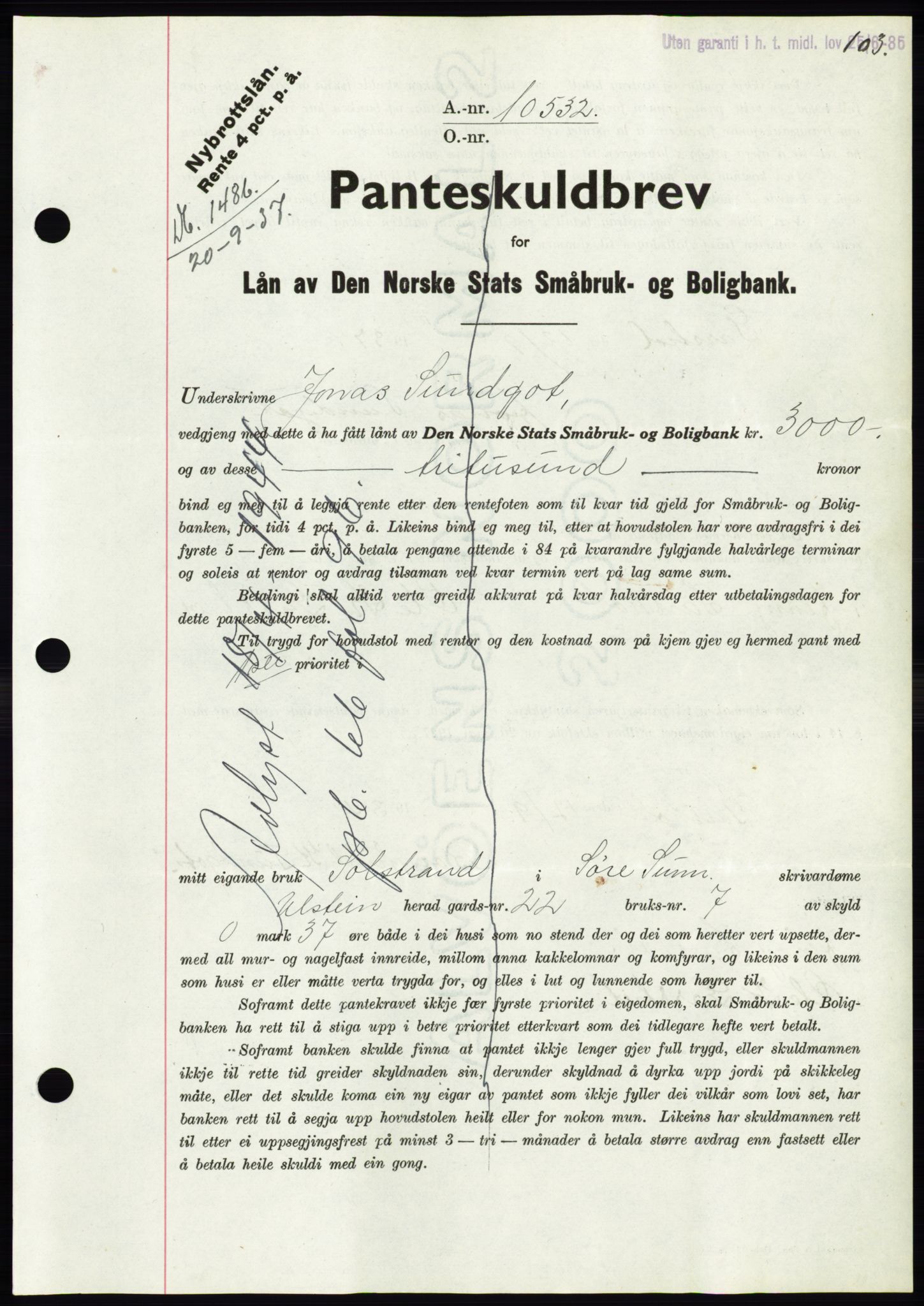 Søre Sunnmøre sorenskriveri, AV/SAT-A-4122/1/2/2C/L0064: Mortgage book no. 58, 1937-1938, Diary no: : 1486/1937