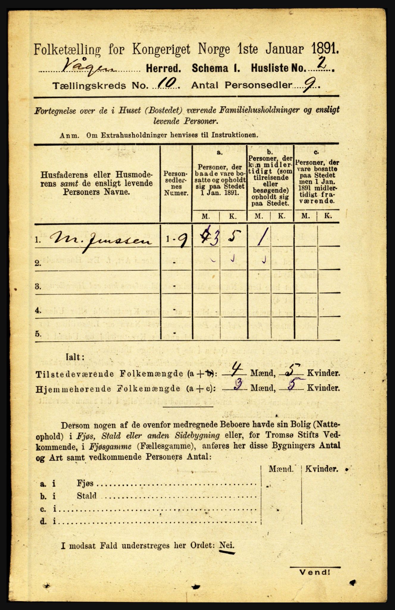 RA, 1891 census for 1865 Vågan, 1891, p. 2526