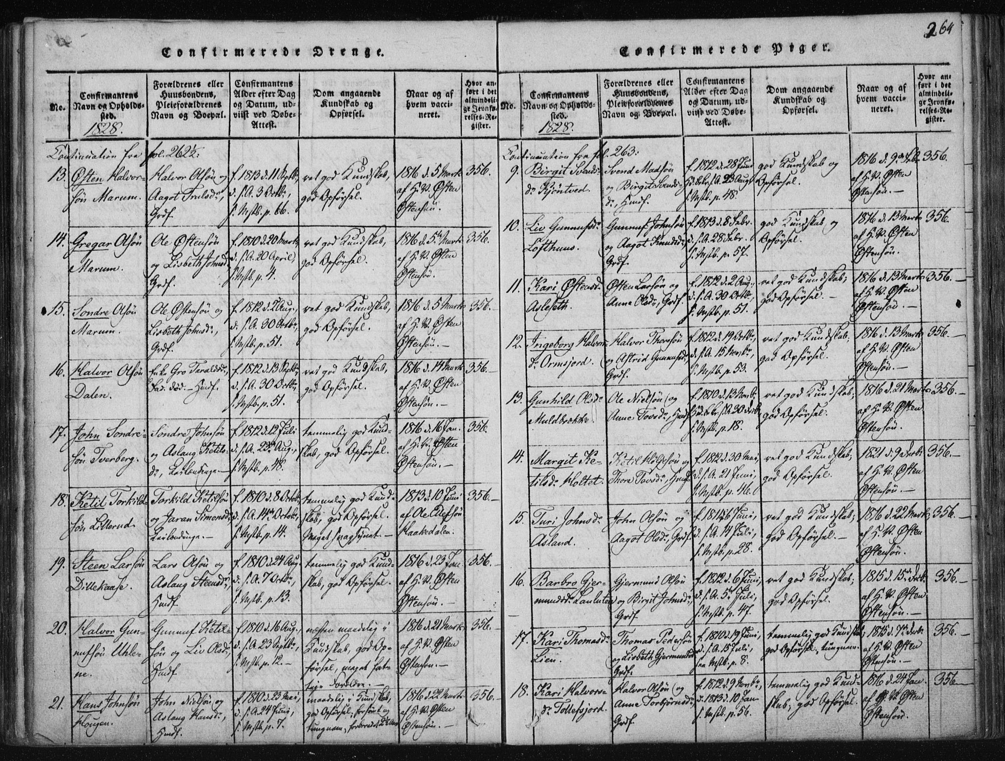 Tinn kirkebøker, SAKO/A-308/F/Fa/L0004: Parish register (official) no. I 4, 1815-1843, p. 263b-264a