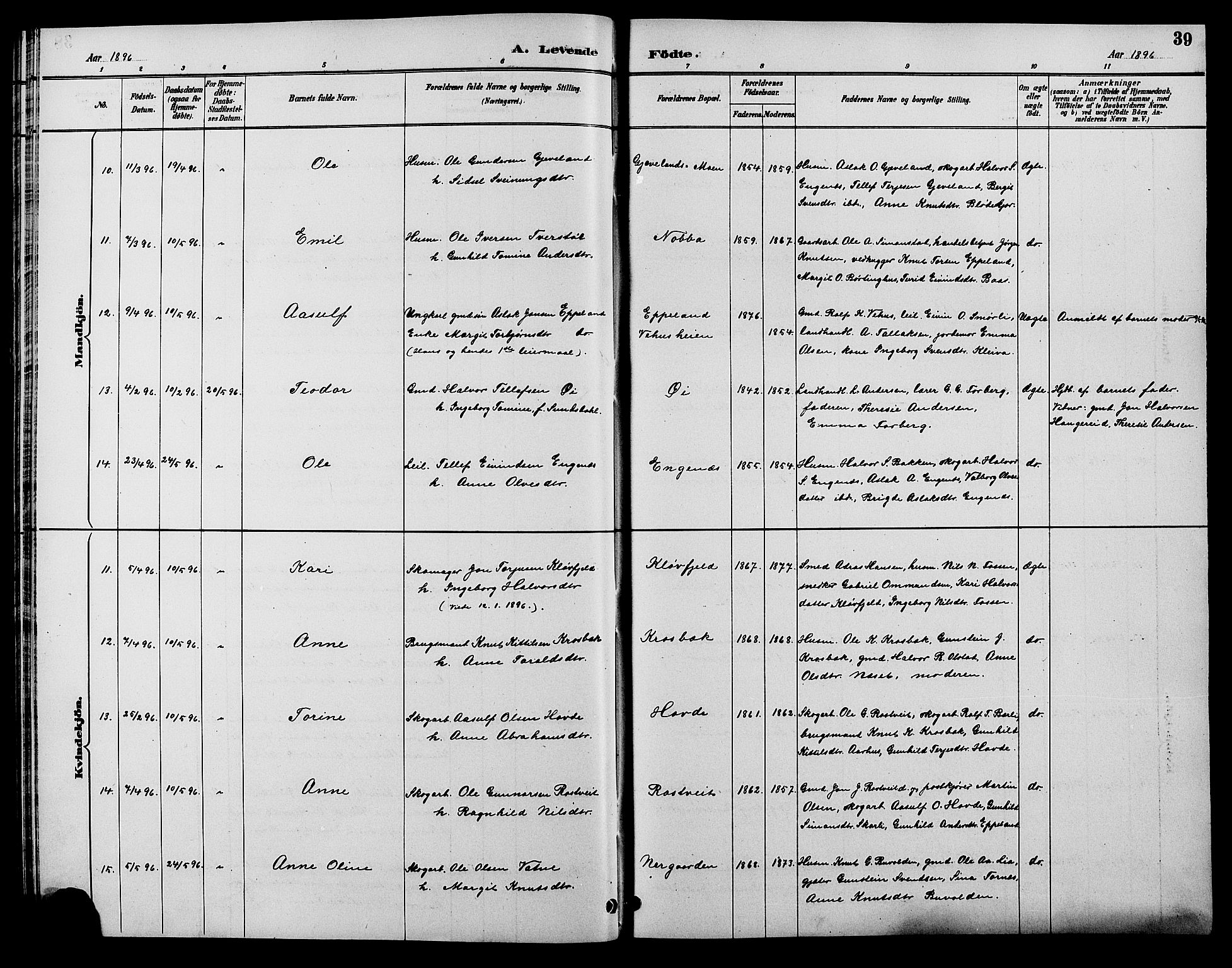 Åmli sokneprestkontor, SAK/1111-0050/F/Fb/Fbc/L0004: Parish register (copy) no. B 4, 1889-1902, p. 39