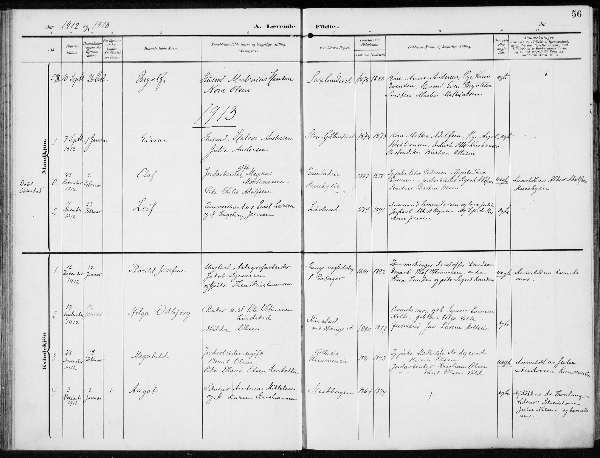 Stange prestekontor, SAH/PREST-002/K/L0024: Parish register (official) no. 24, 1906-1922, p. 56