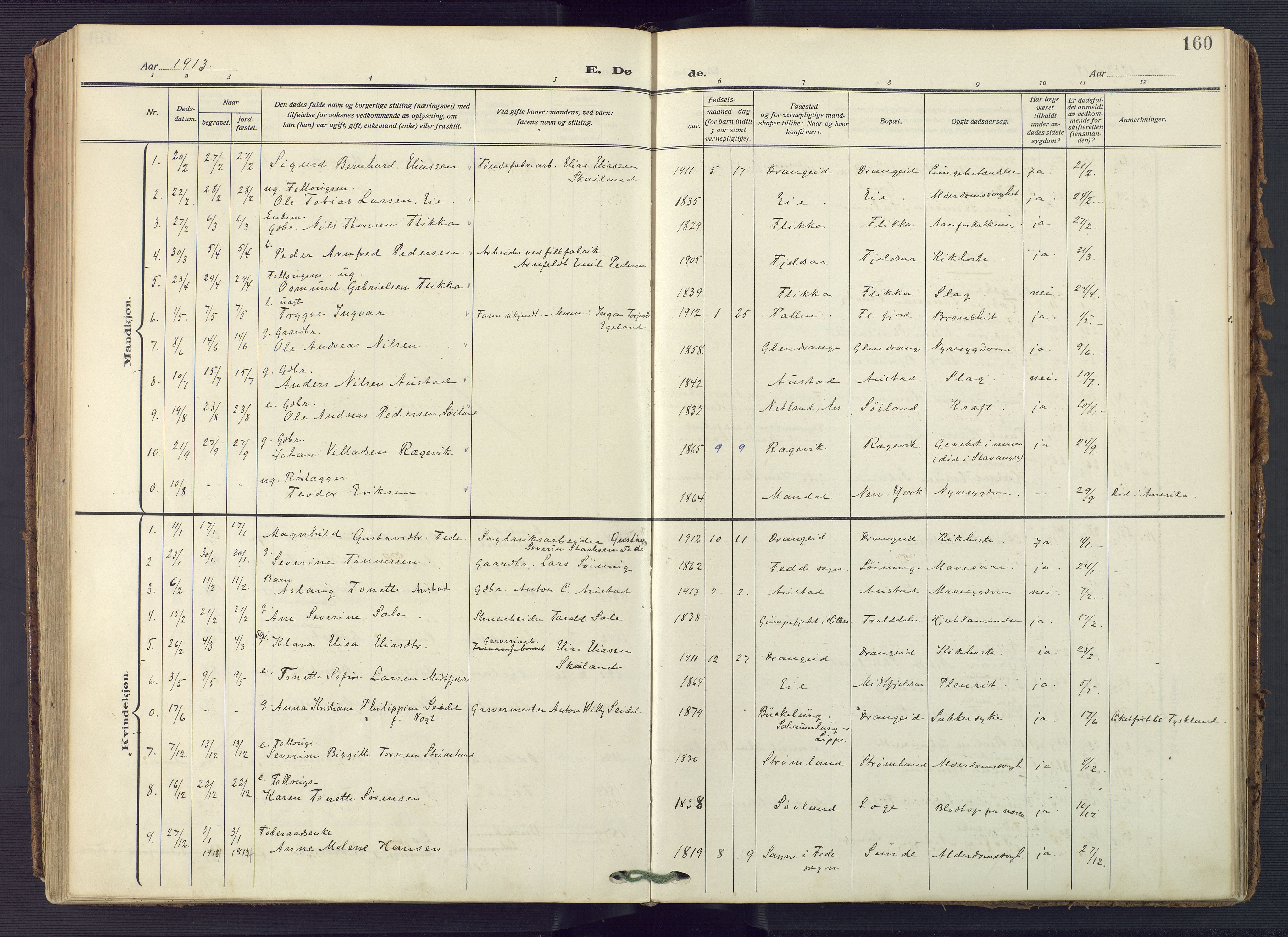 Flekkefjord sokneprestkontor, SAK/1111-0012/F/Fa/Fac/L0010: Parish register (official) no. A 10, 1910-1927, p. 160