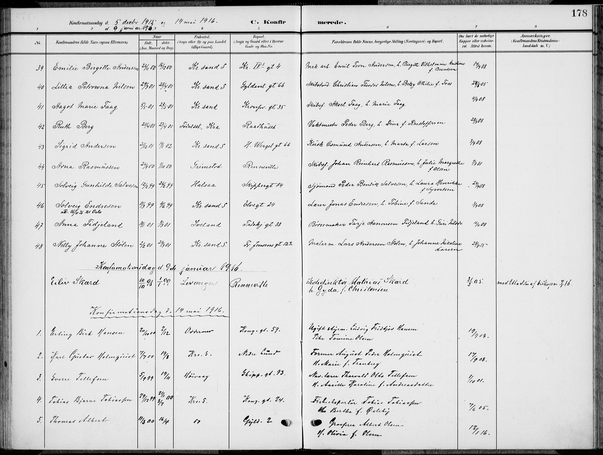 Kristiansand domprosti, AV/SAK-1112-0006/F/Fa/L0022: Parish register (official) no. A 21, 1905-1916, p. 178