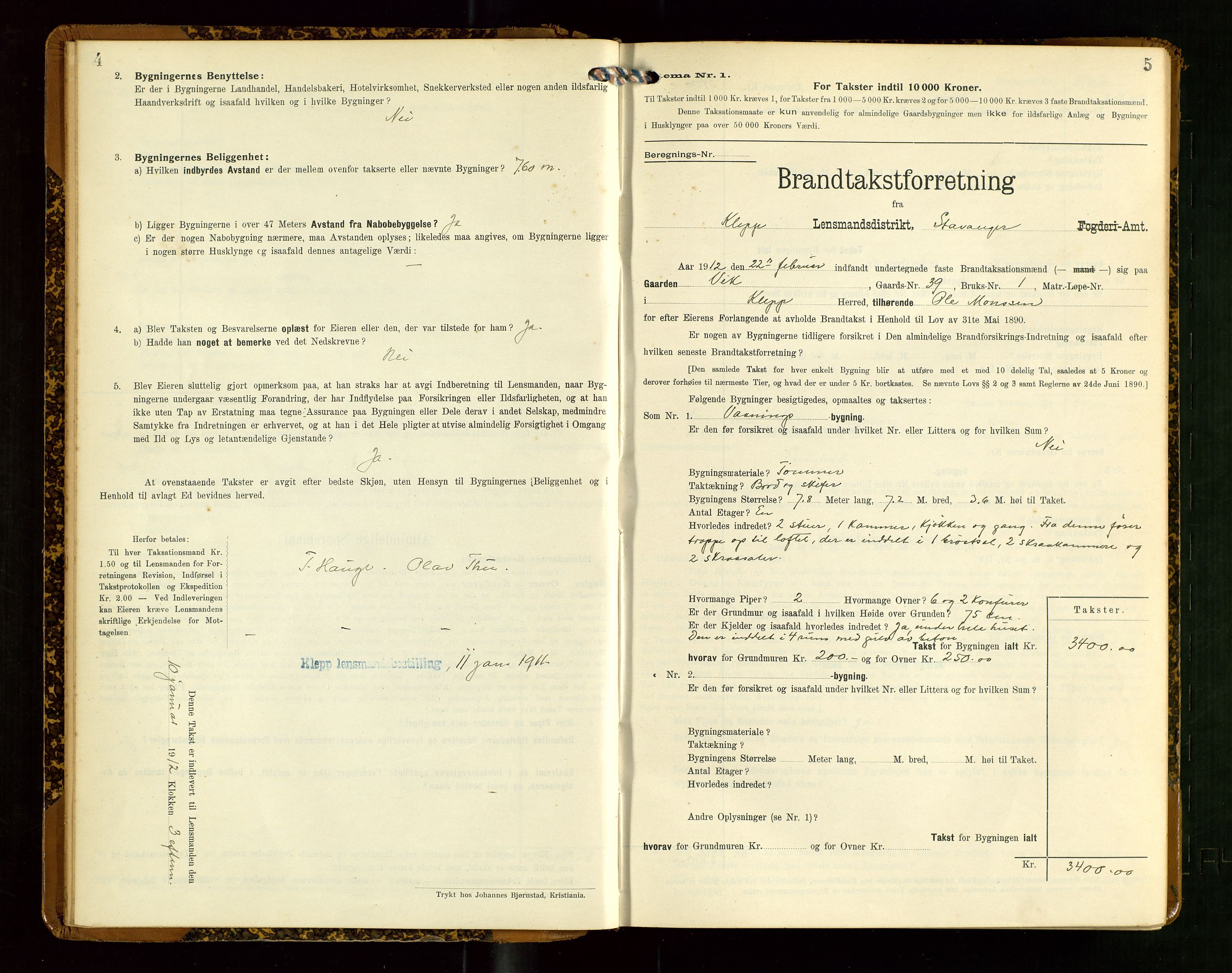 Klepp lensmannskontor, SAST/A-100163/Goc/L0007: "Brandtaxationsprotokol" m/register, 1911-1915, p. 4-5