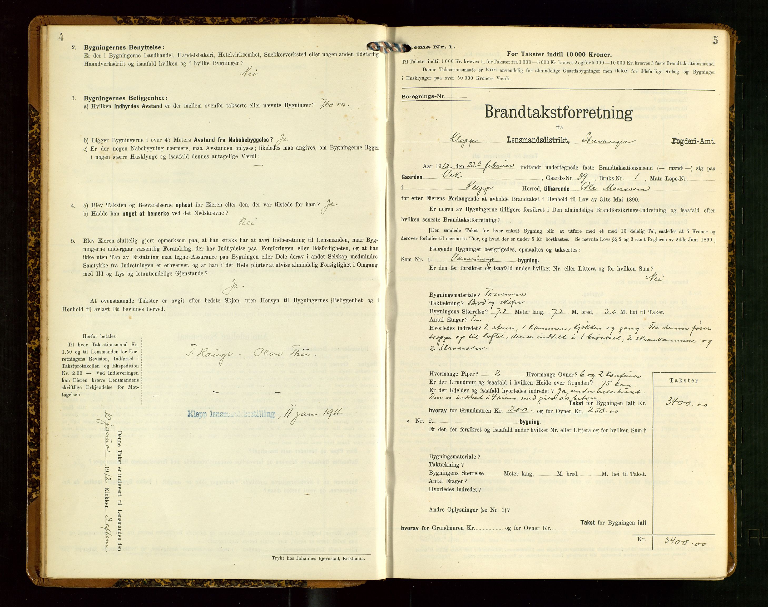 Klepp lensmannskontor, AV/SAST-A-100163/Goc/L0007: "Brandtaxationsprotokol" m/register, 1911-1915, p. 4-5