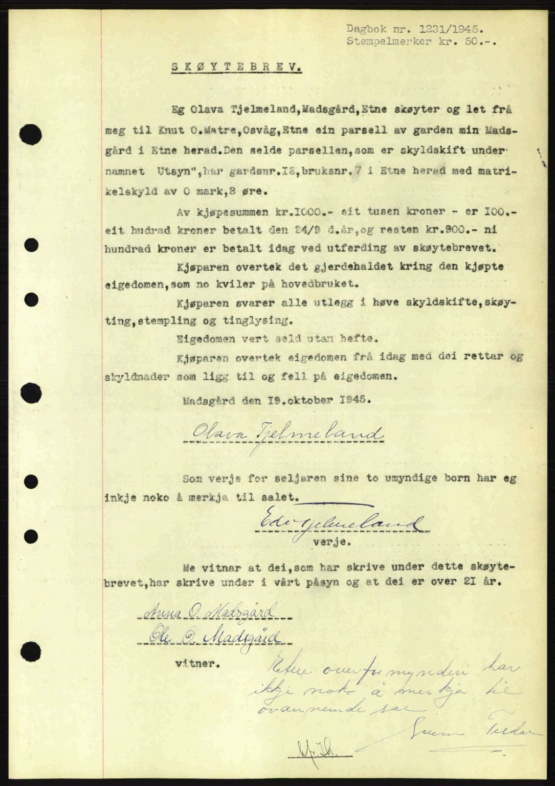 Sunnhordland sorenskrivar, AV/SAB-A-2401: Mortgage book no. A77, 1945-1945, Diary no: : 1231/1945