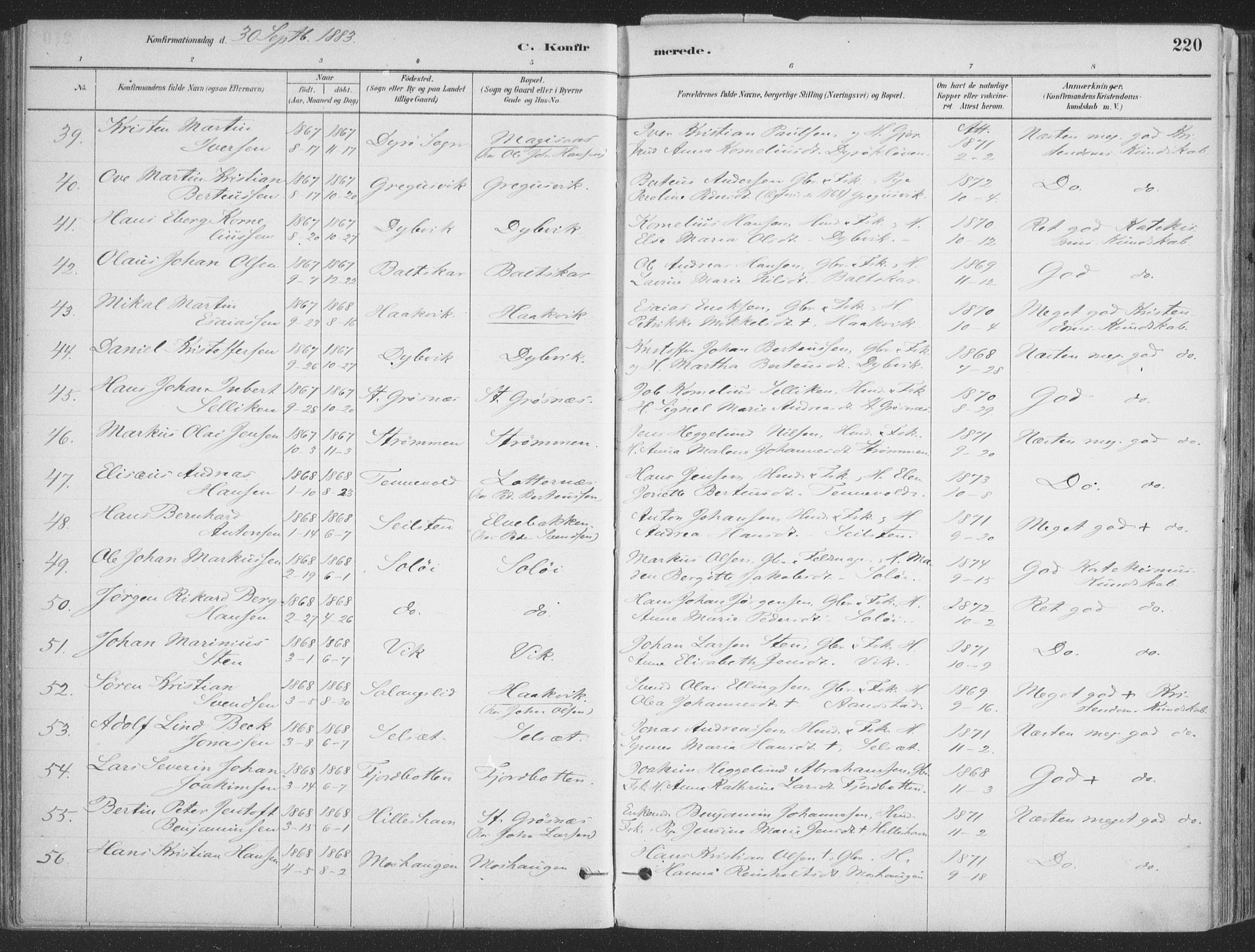 Ibestad sokneprestembete, SATØ/S-0077/H/Ha/Haa/L0011kirke: Parish register (official) no. 11, 1880-1889, p. 220