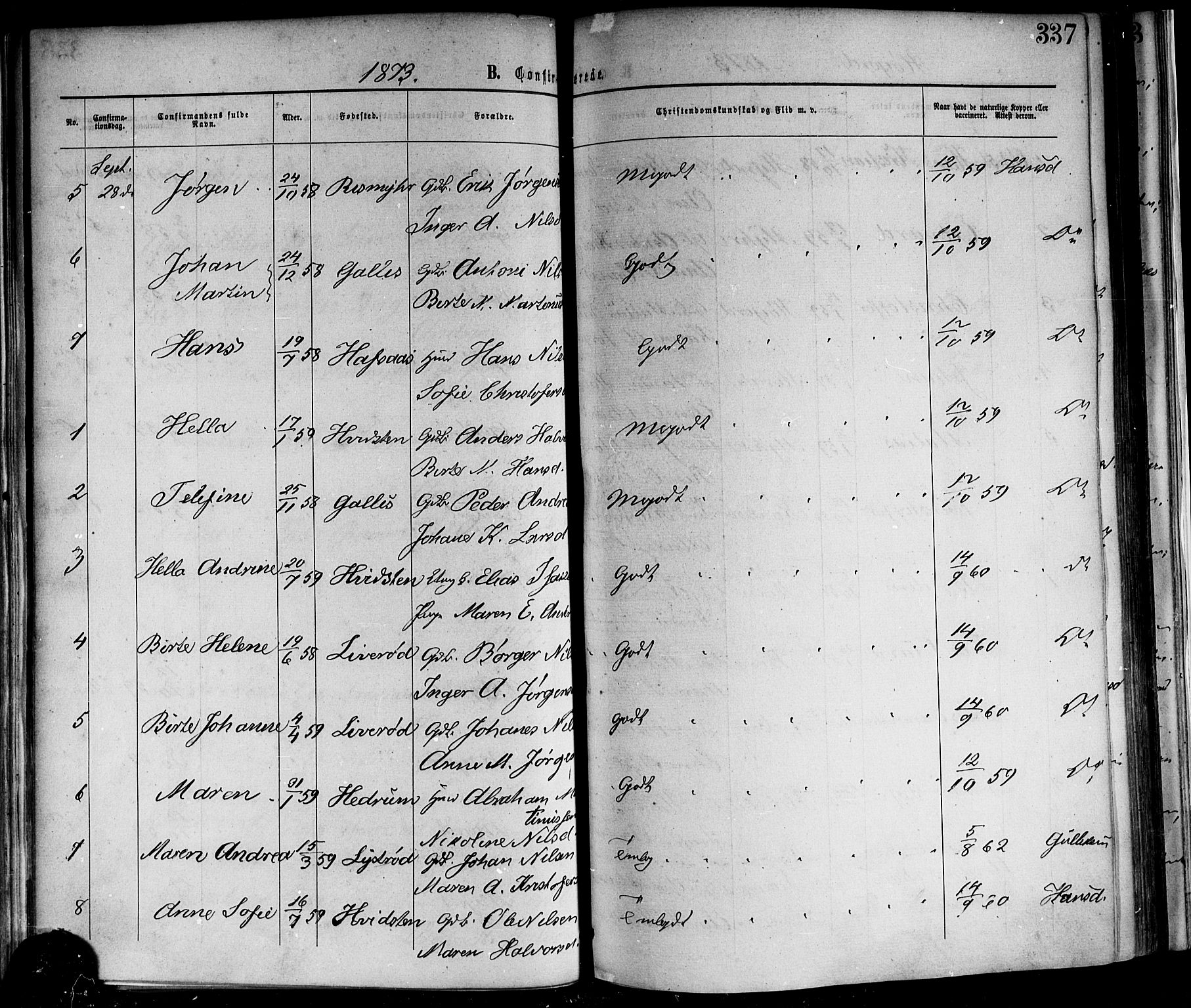 Andebu kirkebøker, AV/SAKO-A-336/F/Fa/L0006: Parish register (official) no. I 6, 1871-1878, p. 337