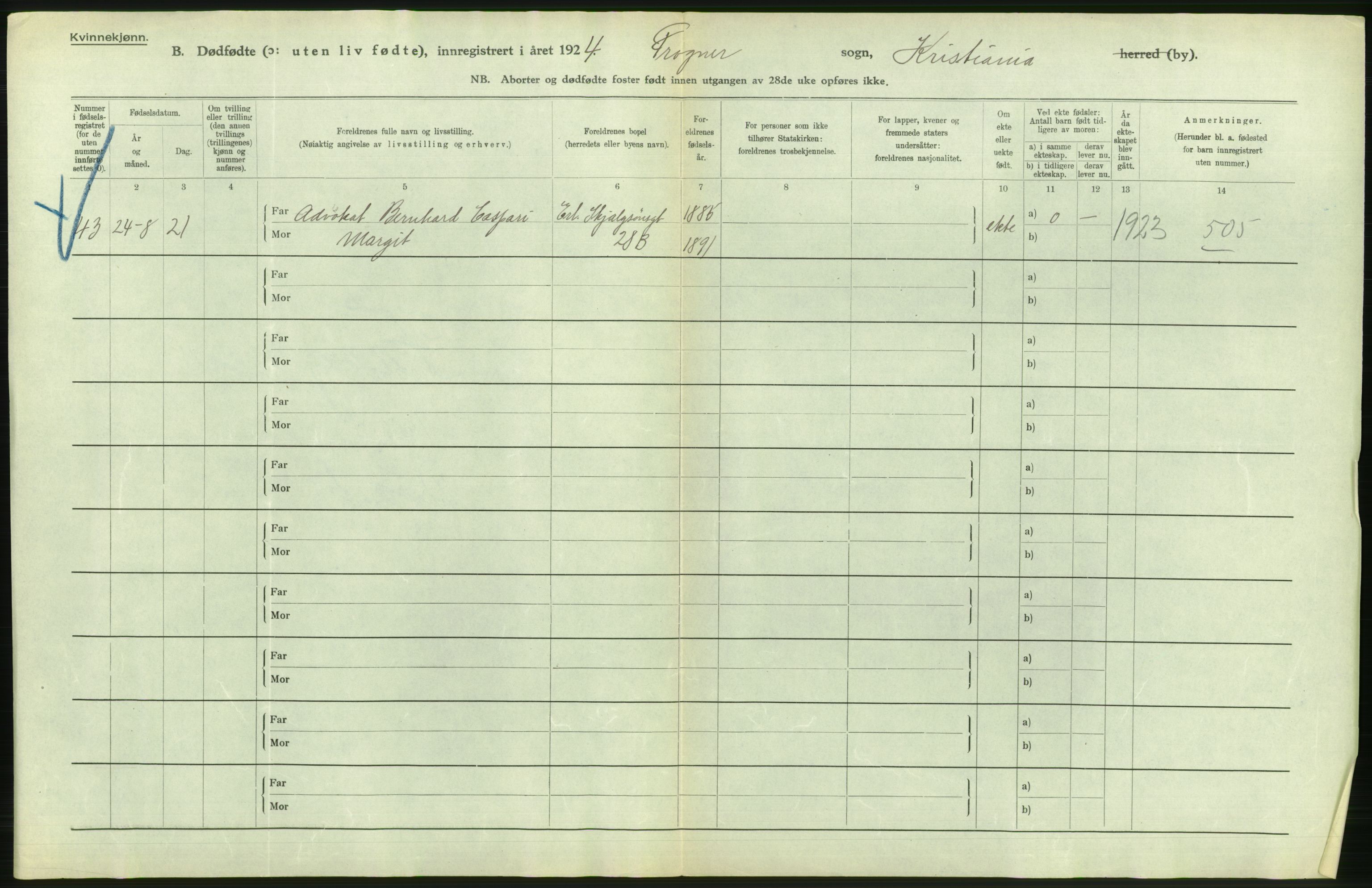 Statistisk sentralbyrå, Sosiodemografiske emner, Befolkning, AV/RA-S-2228/D/Df/Dfc/Dfcd/L0009: Kristiania: Døde kvinner, dødfødte, 1924, p. 696