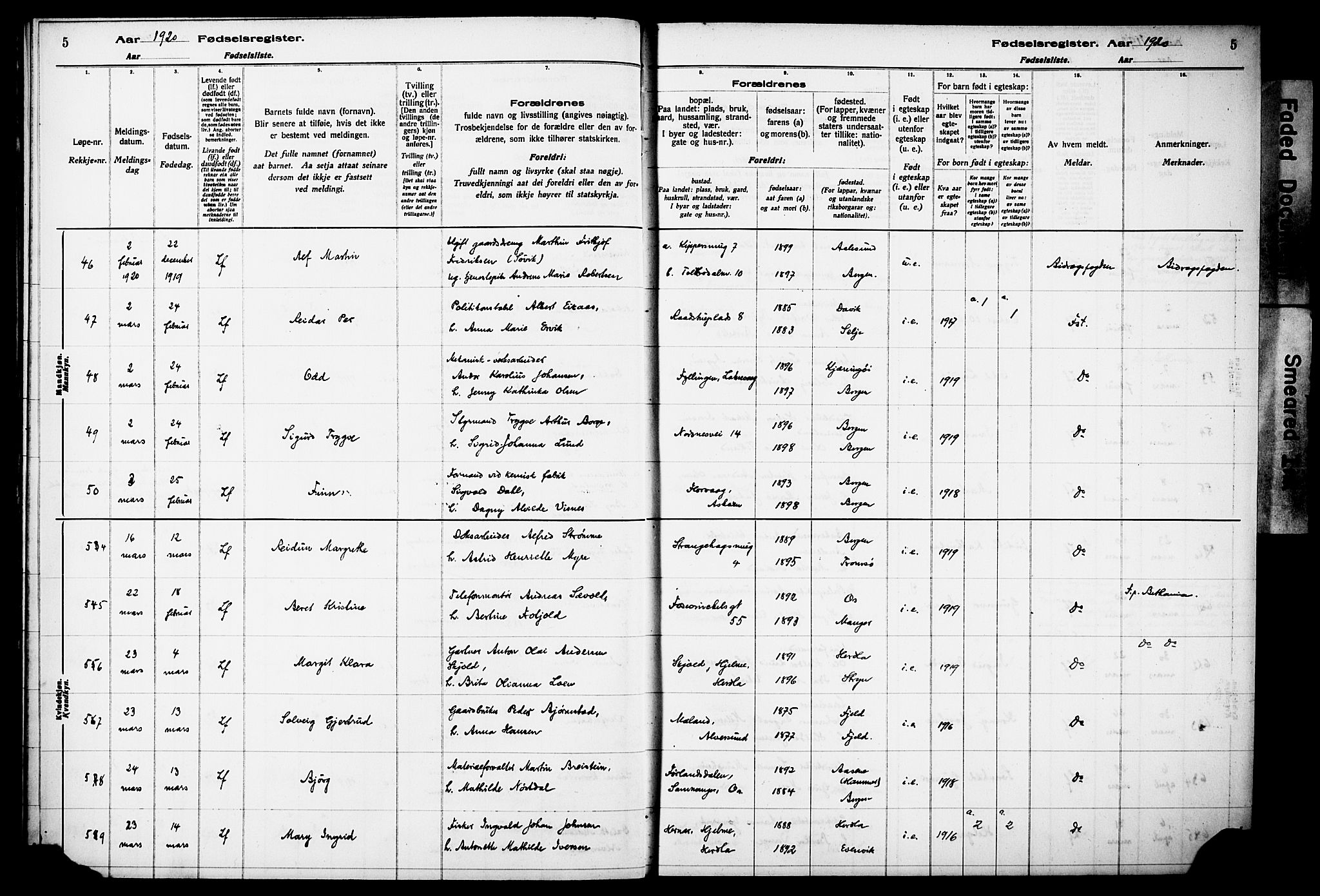 Kvinneklinikken, AV/SAB-A-76301/F/L0A02: Birth register no. A 2, 1920-1924, p. 5