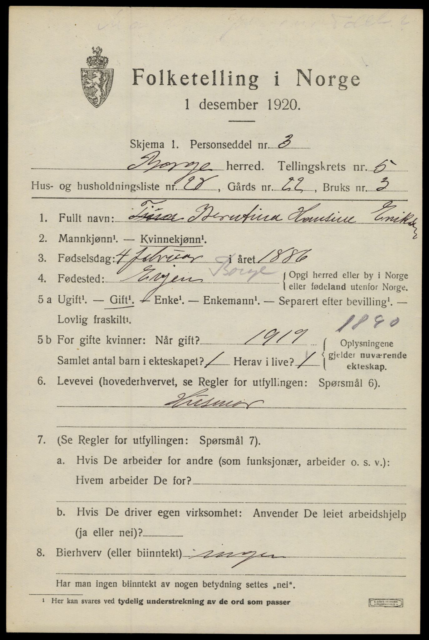 SAT, 1920 census for Borge, 1920, p. 5407