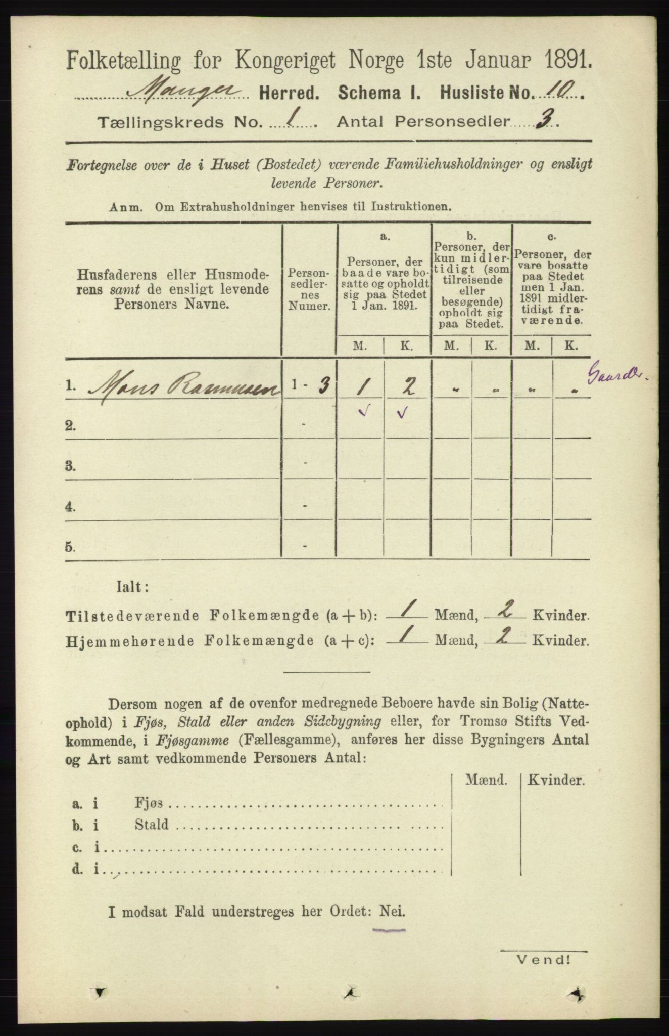 RA, 1891 census for 1261 Manger, 1891, p. 45