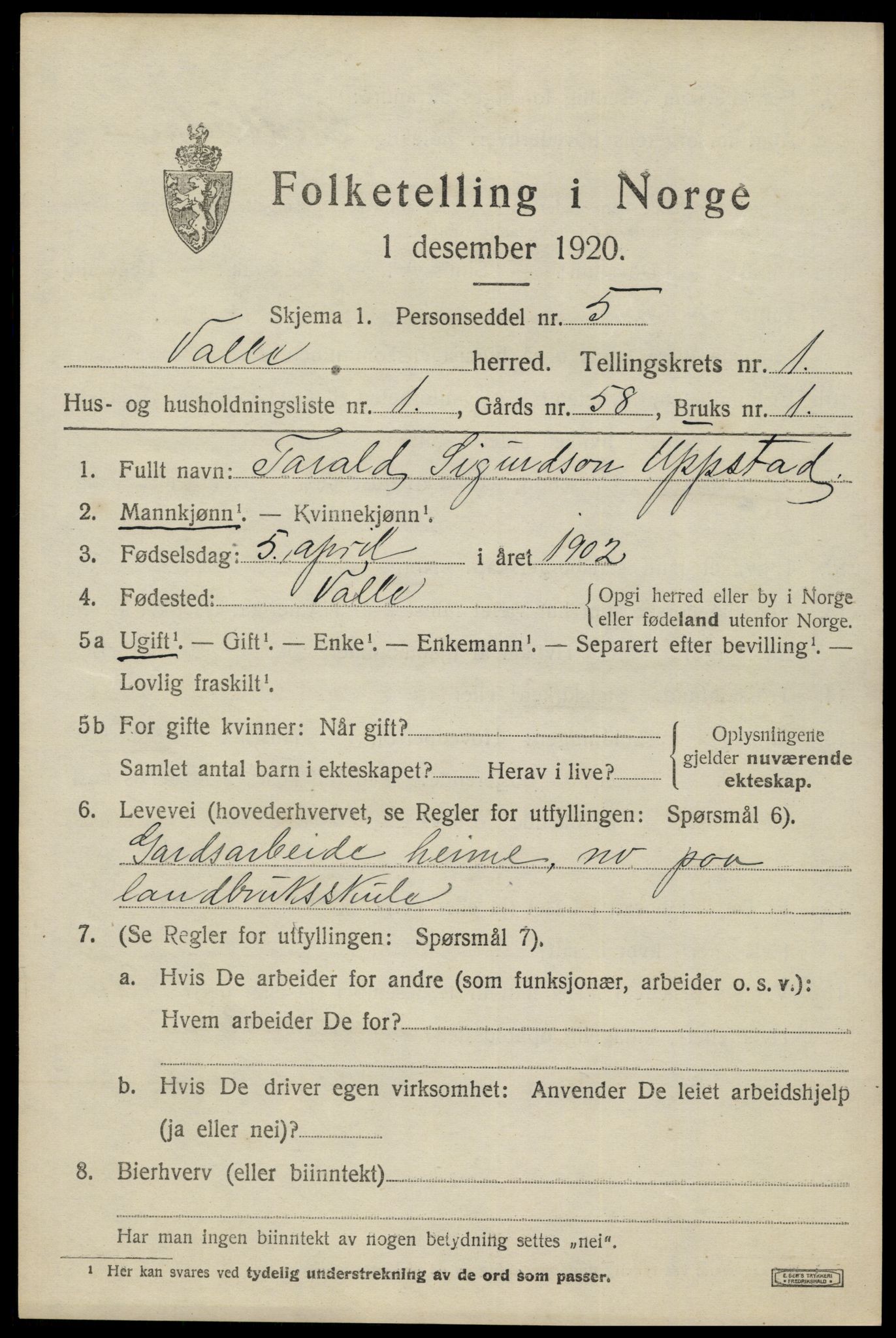 SAK, 1920 census for Valle, 1920, p. 445