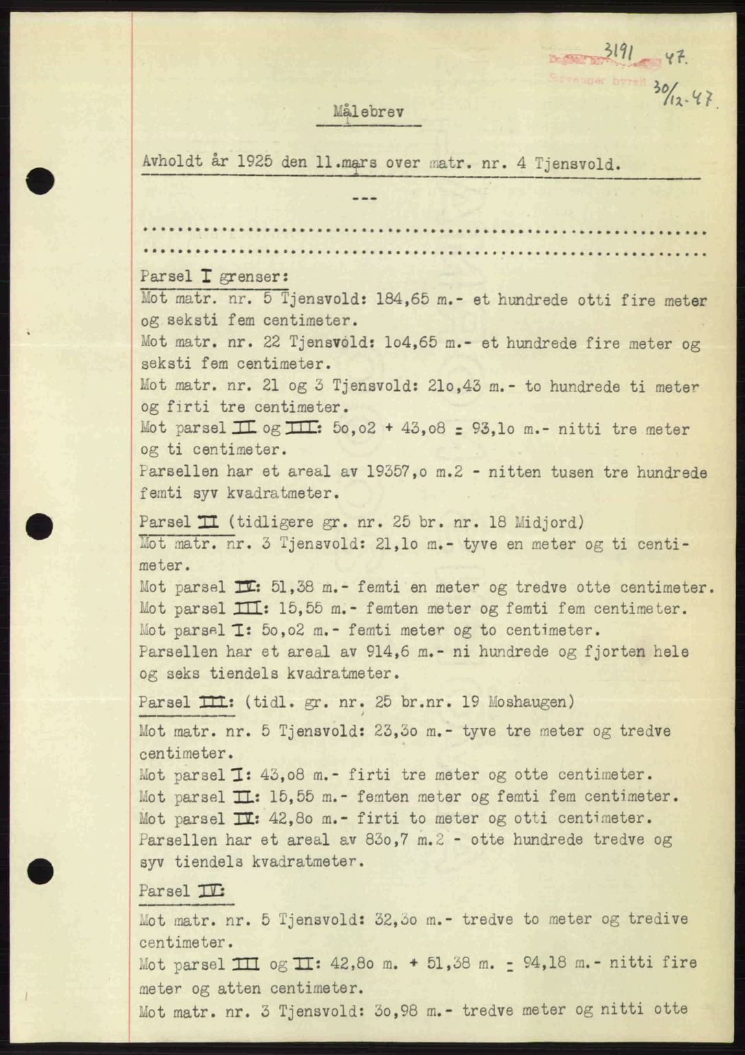 Stavanger byrett, SAST/A-100455/002/G/Gb/L0022: Mortgage book no. A11, 1947-1948, Diary no: : 3191/1947