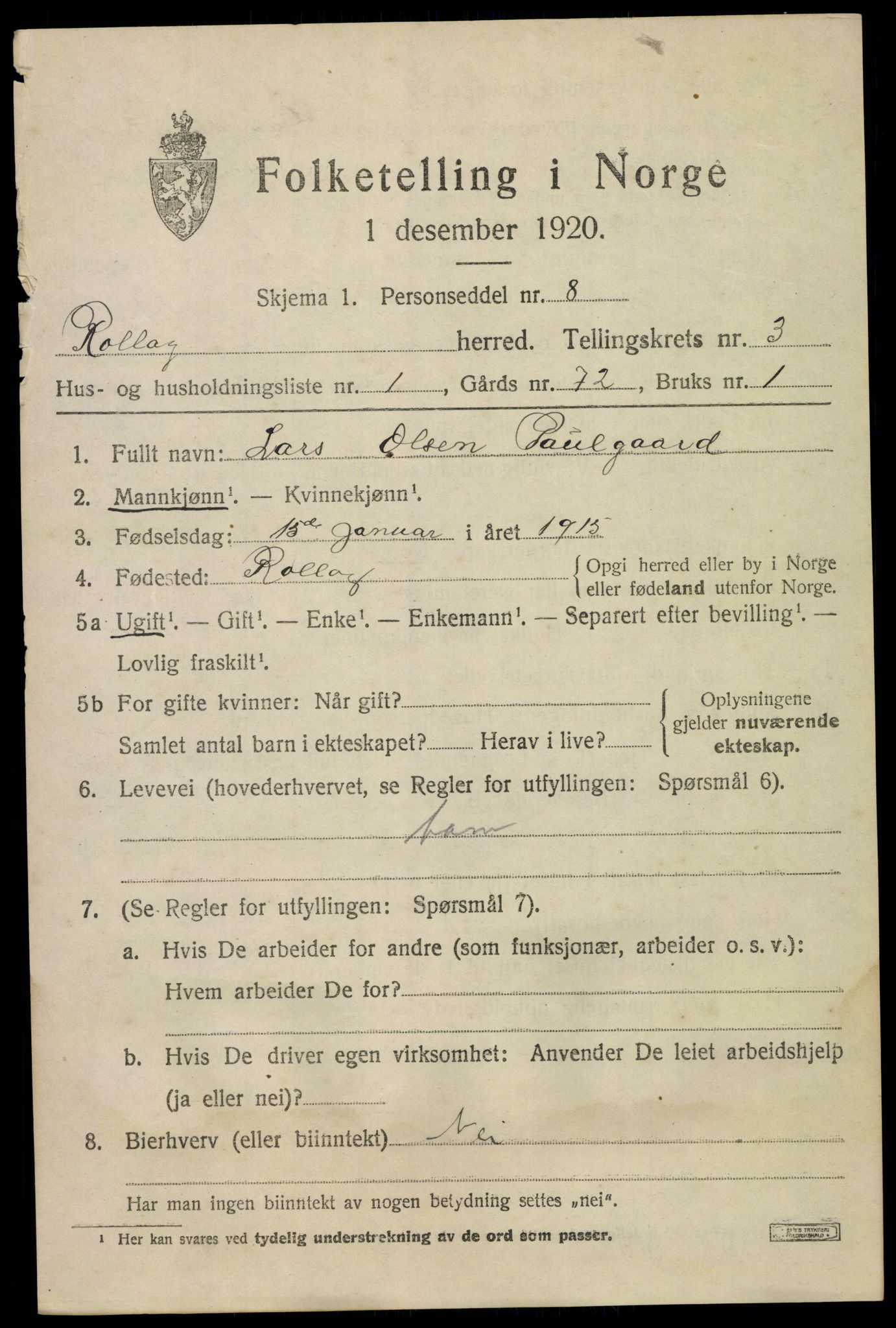 SAKO, 1920 census for Rollag, 1920, p. 1330