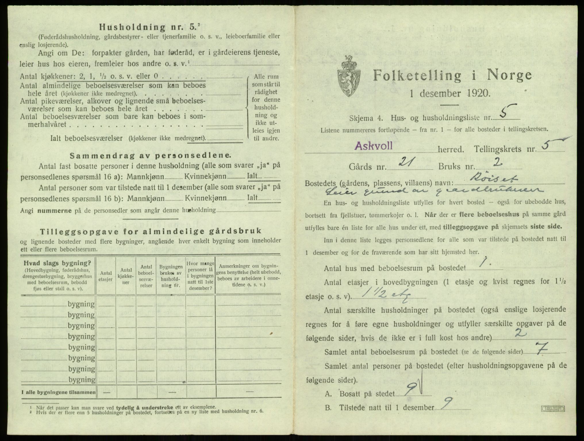 SAB, 1920 census for Askvoll, 1920, p. 275