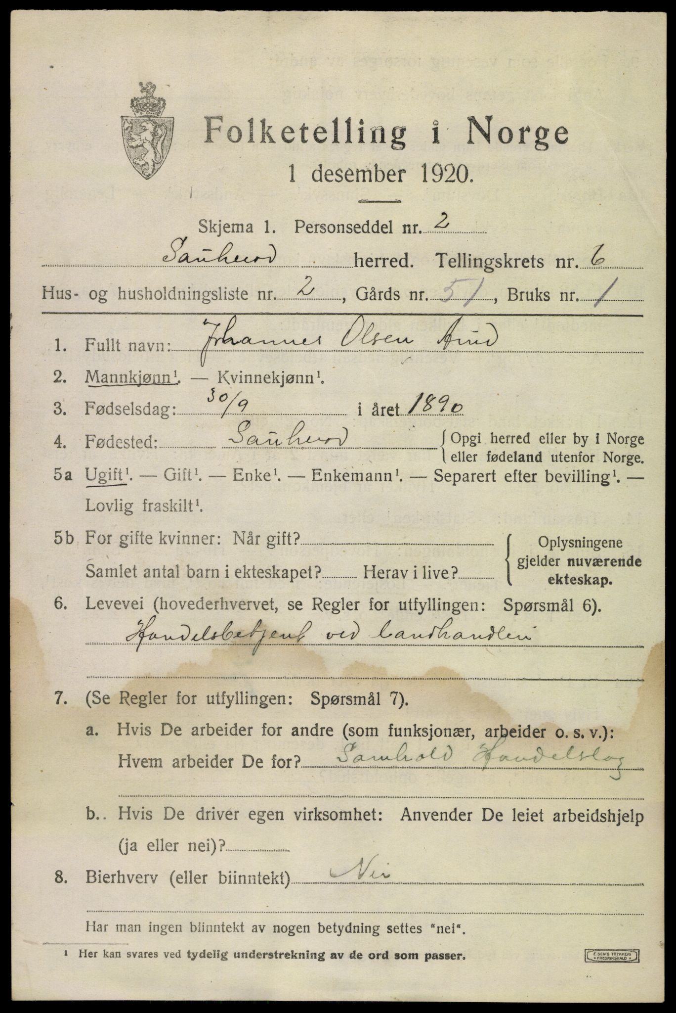 SAKO, 1920 census for Sauherad, 1920, p. 5085