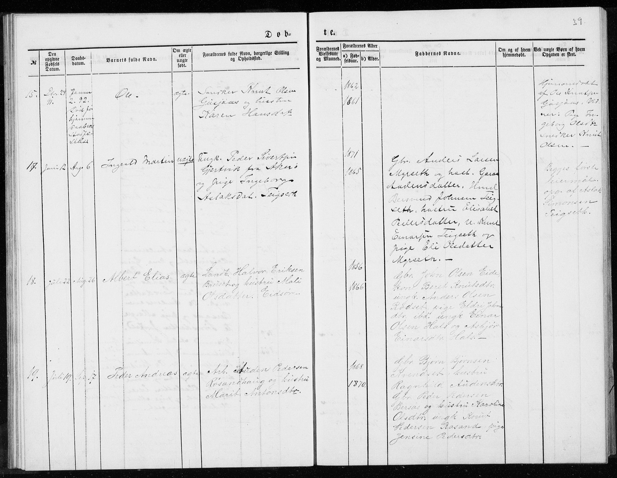 Ministerialprotokoller, klokkerbøker og fødselsregistre - Møre og Romsdal, SAT/A-1454/551/L0631: Parish register (copy) no. 551C03, 1886-1894, p. 39