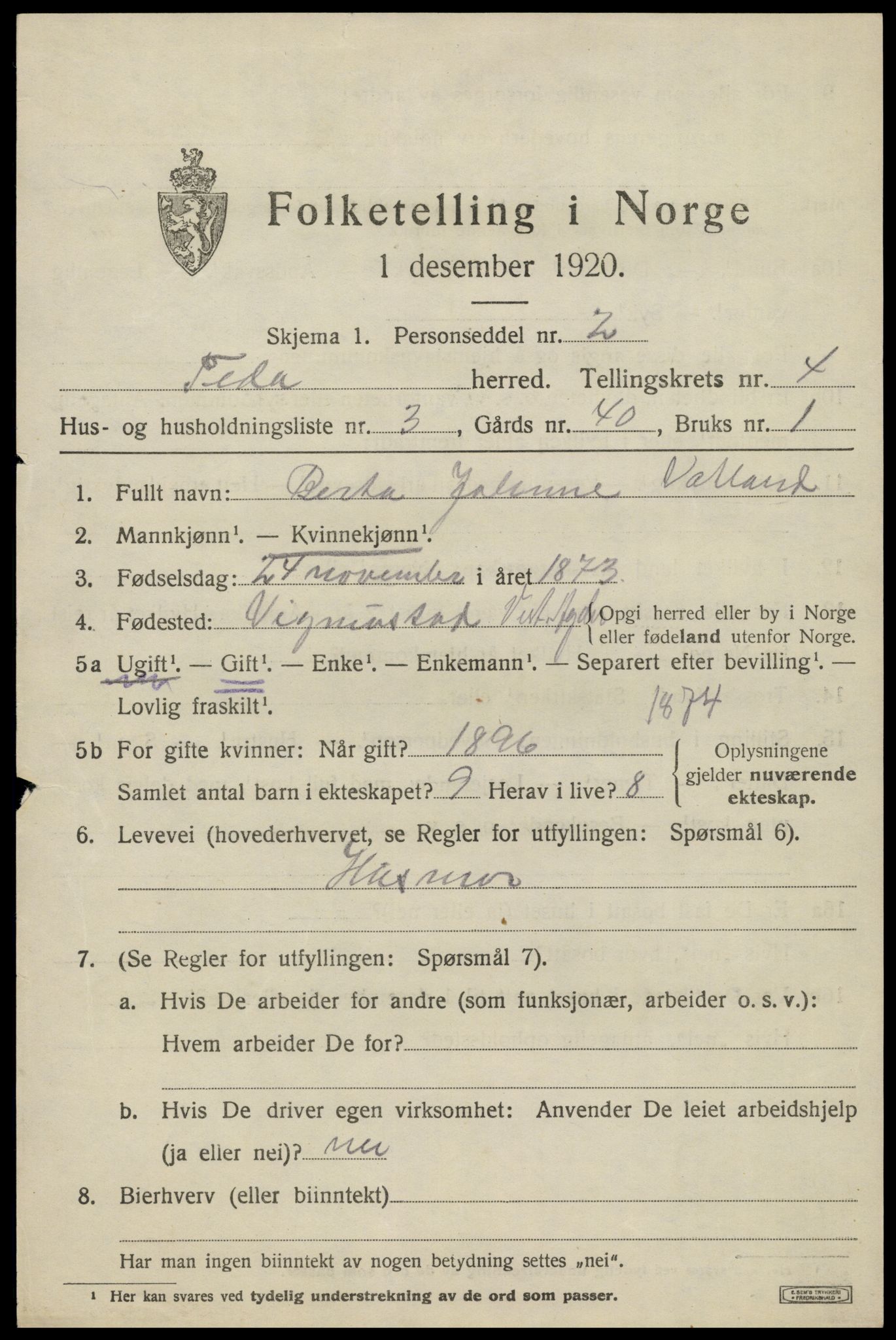 SAK, 1920 census for Feda, 1920, p. 1849